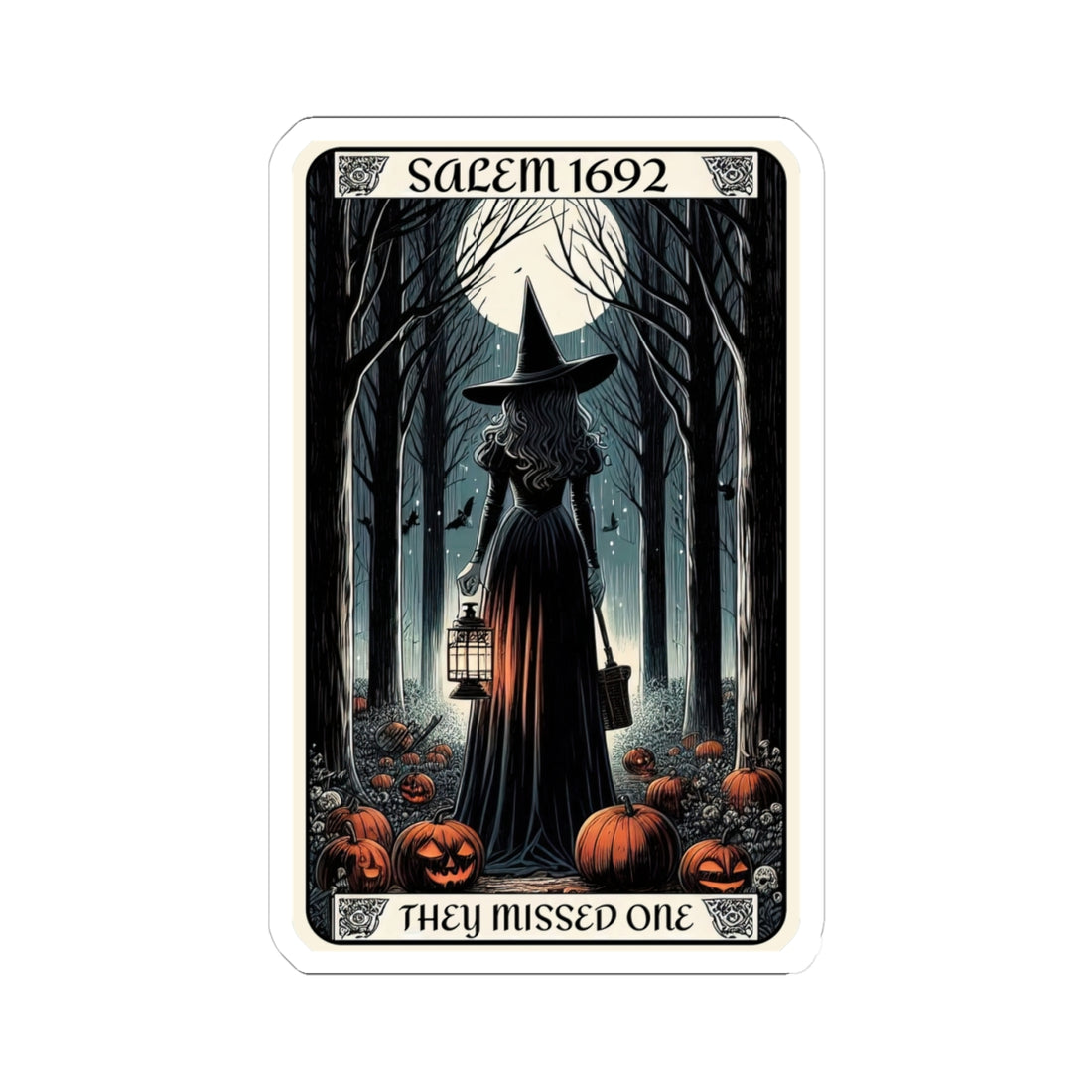 Card featuring a witch in a forest with pumpkins and text &