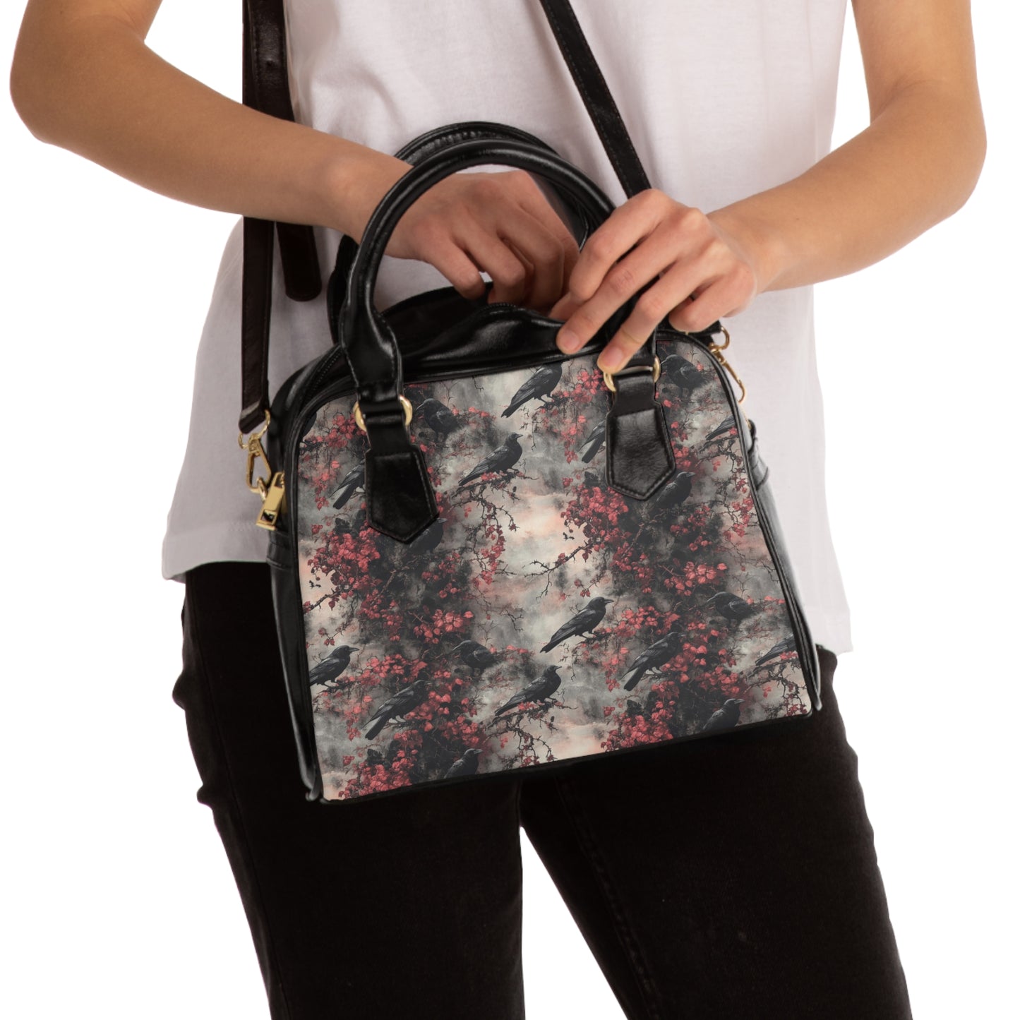 Dark Gothic Raven With Vintage Florals Shoulder Handbag