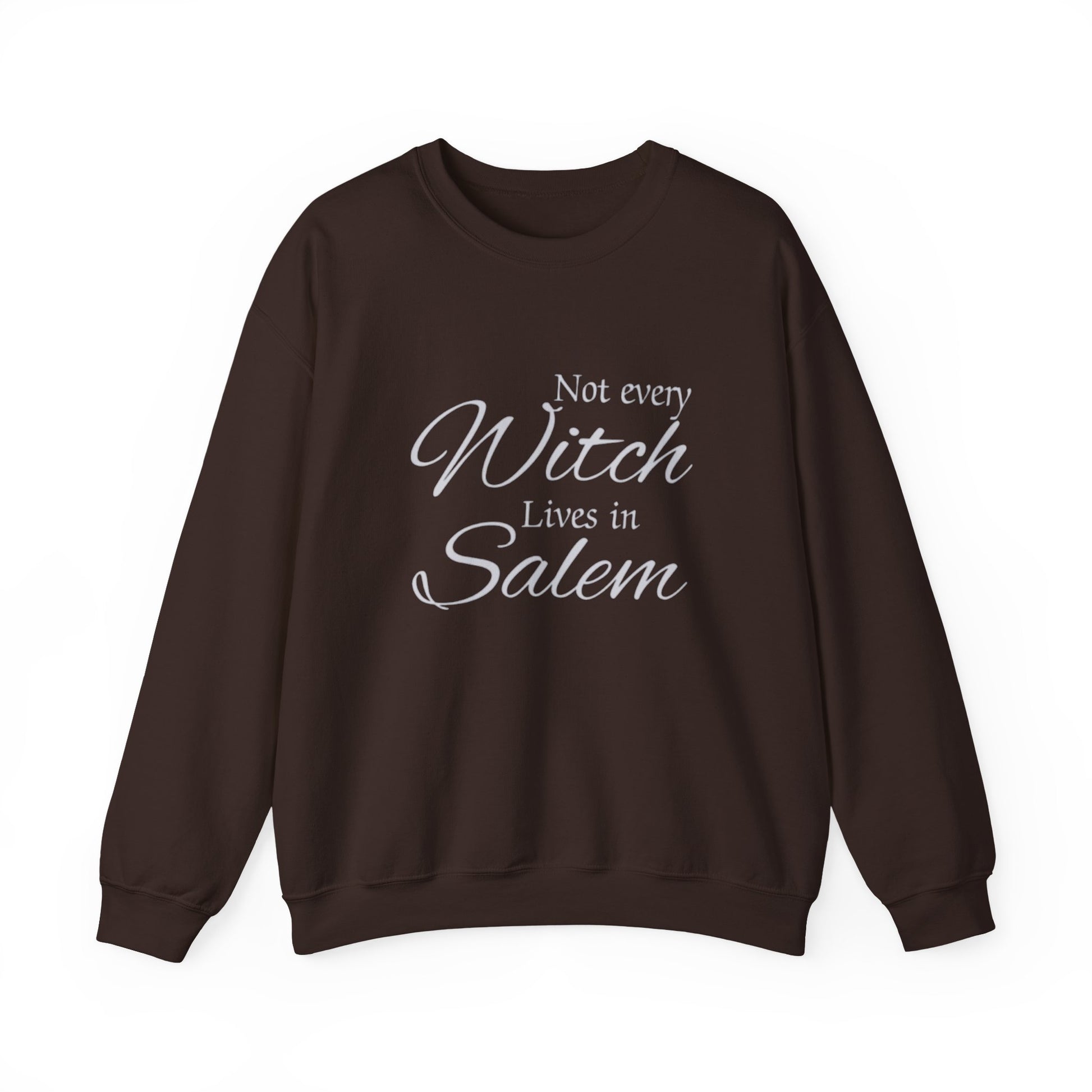 Brown sweatshirt with white text 'Not every Witch Lives in Salem' on a white background