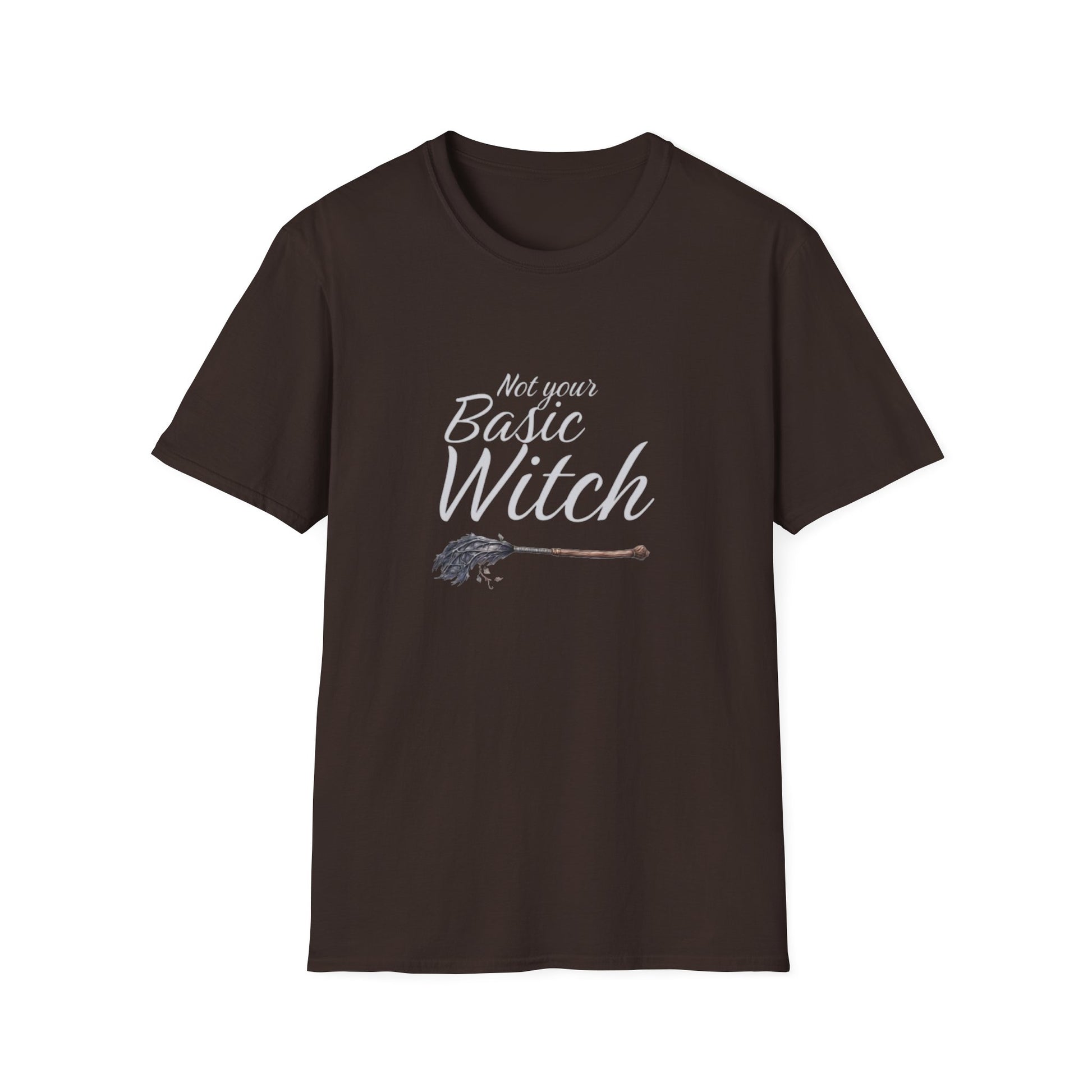 Brown t-shirt with 'Not your Basic Witch' text and broom graphic on a white background