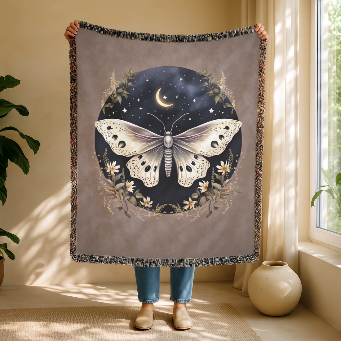 Celestial Crescent Moon Moth Woven Blanket
