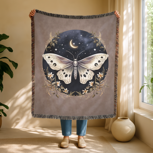 Lunar Moth Woven Blanket, Celestial Gothic Tapestry, Mystical Moon Decor
