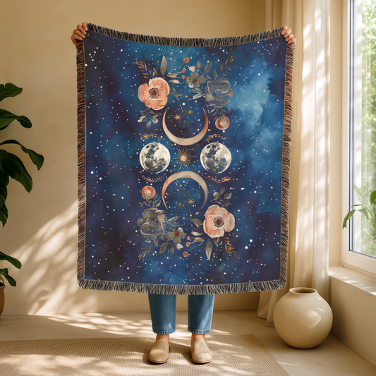 celestial moon phase woven throw blanket