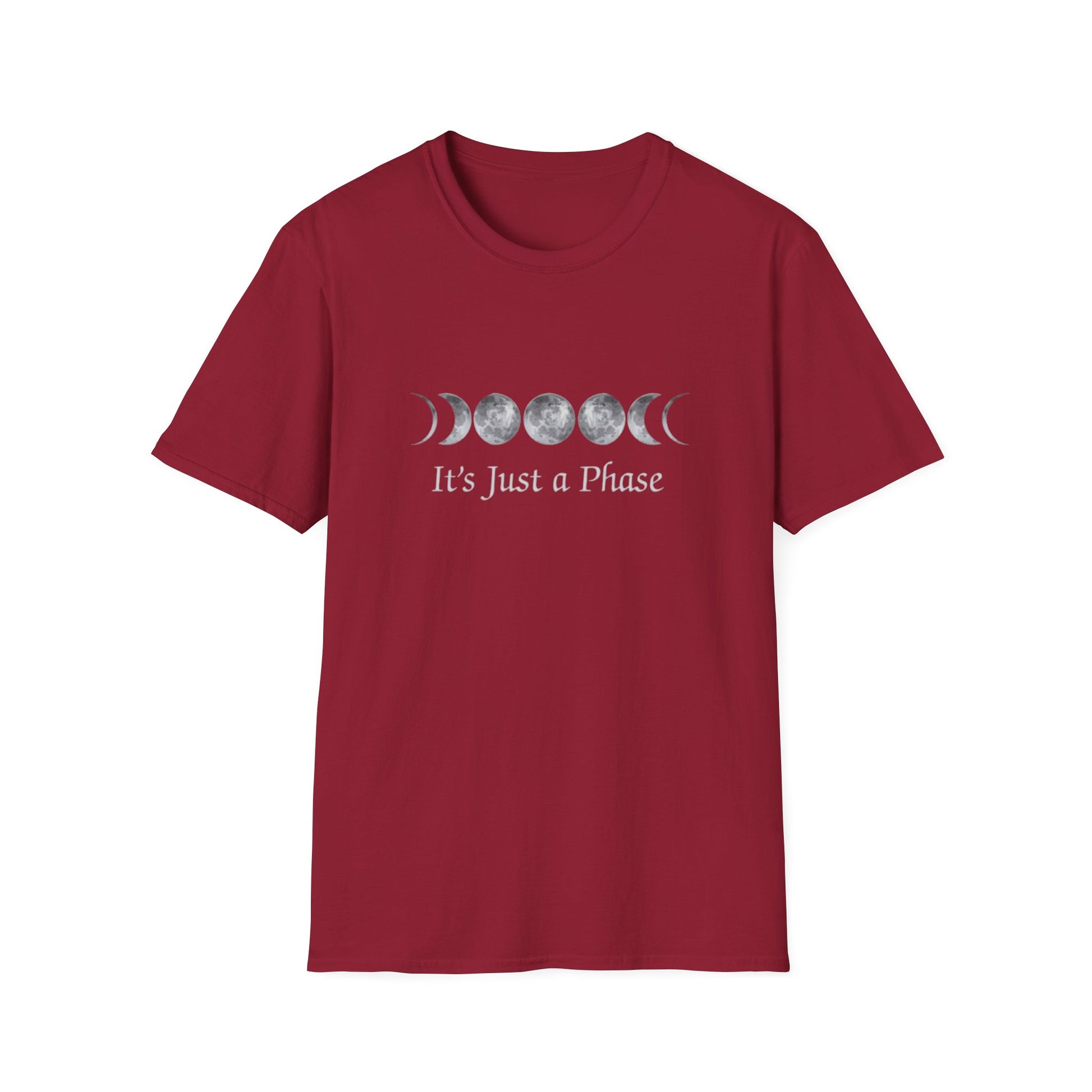 It's Just a Phase T-Shirt featuring moon phases design on a soft, breathable maroon cotton blend tee for moon lovers and witches.