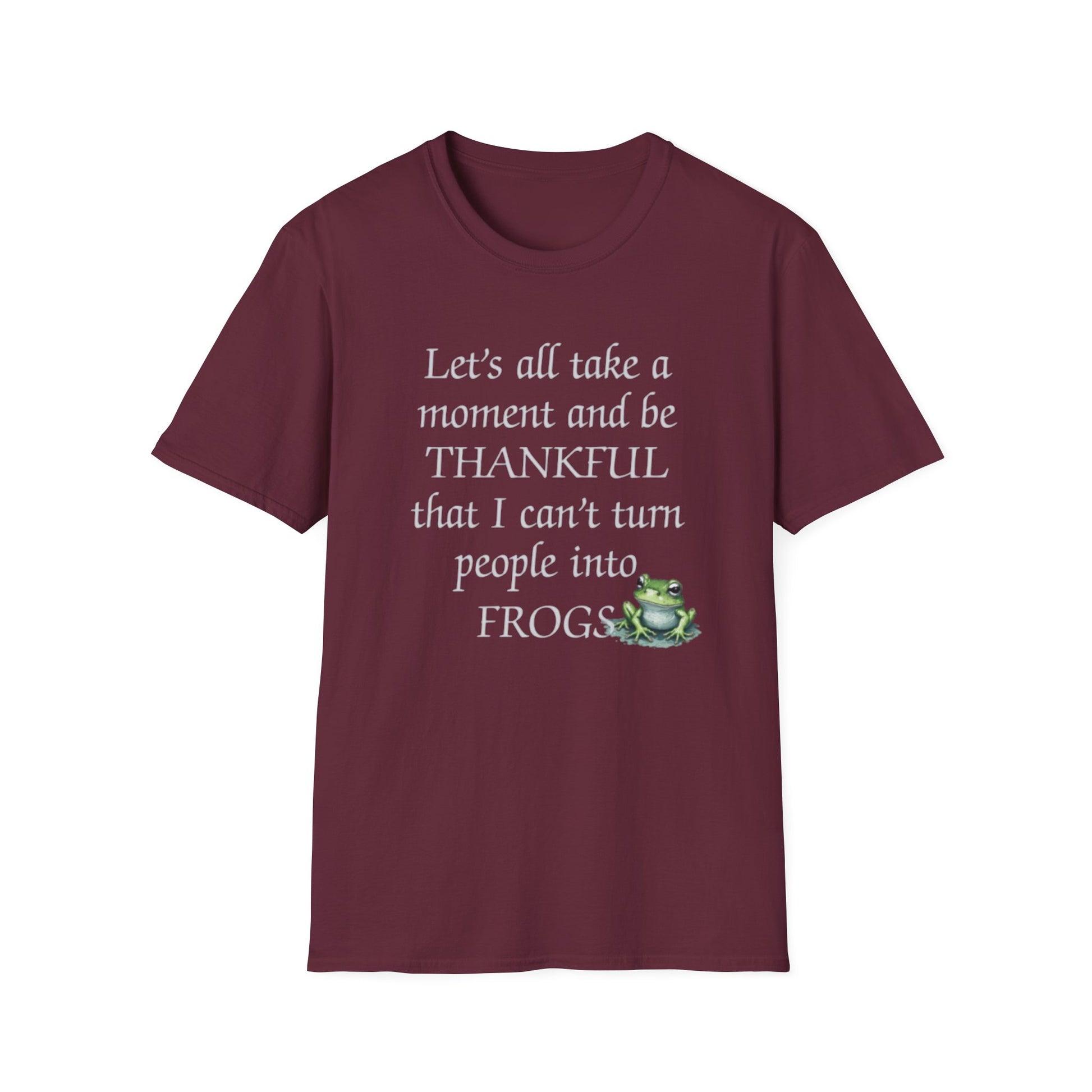 Maroon t-shirt with humorous text and frog graphic on a white background