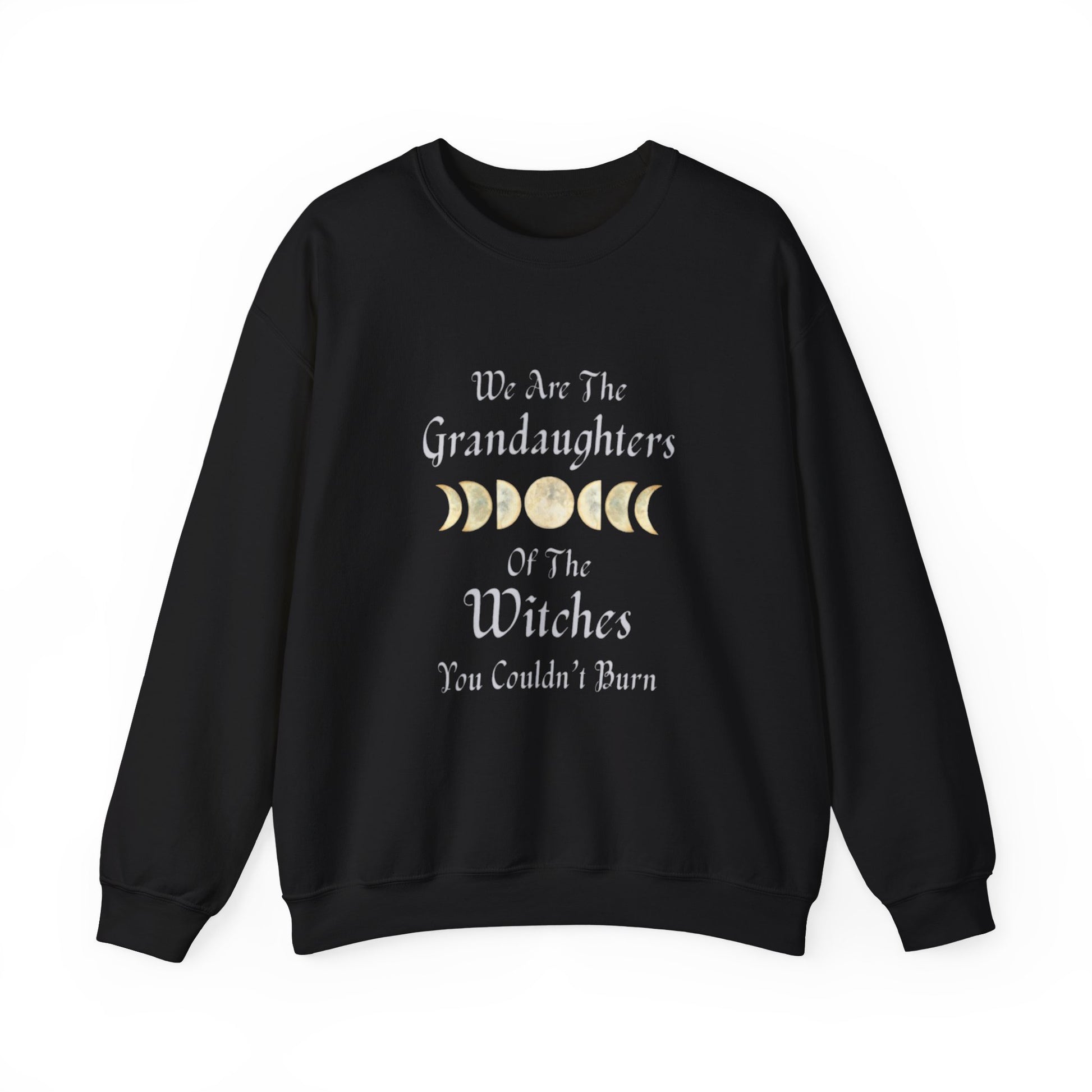 Black sweatshirt with text and moon phases design on a white background