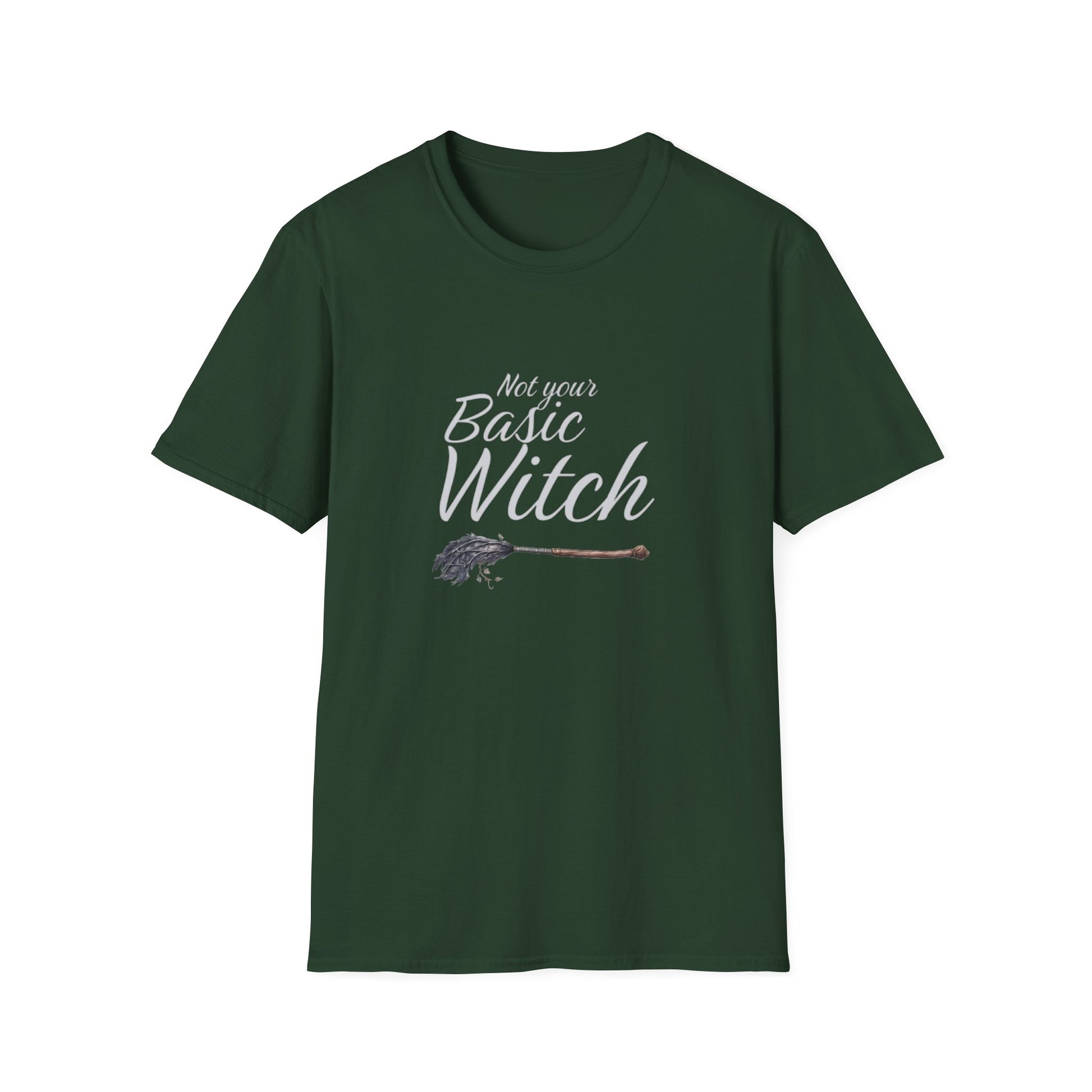 Green t-shirt with 'Not your Basic Witch' text and broom graphic on a white background