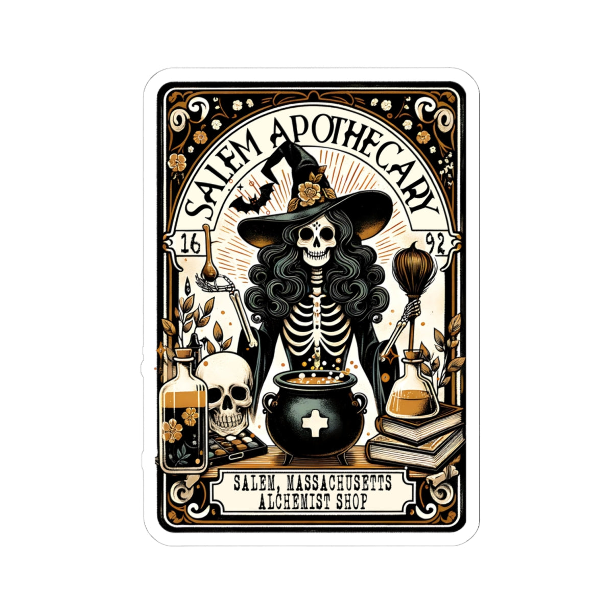 Salem Apothecary label with skeleton in witch hat and potion bottles on a white background