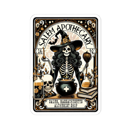 Salem Apothecary label with skeleton in witch hat and potion bottles on a white background