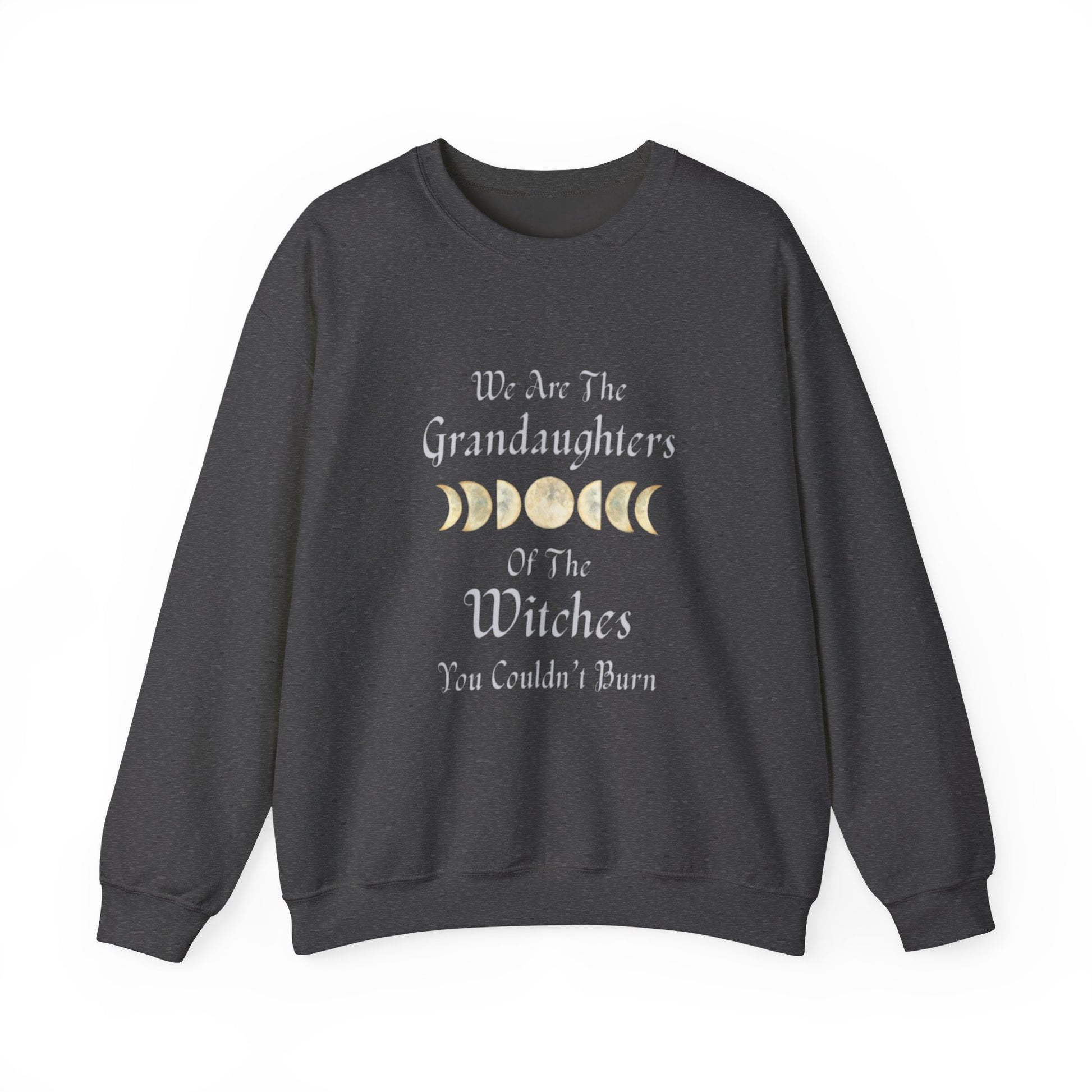 Dark gray sweatshirt with text and moon phases on a white background