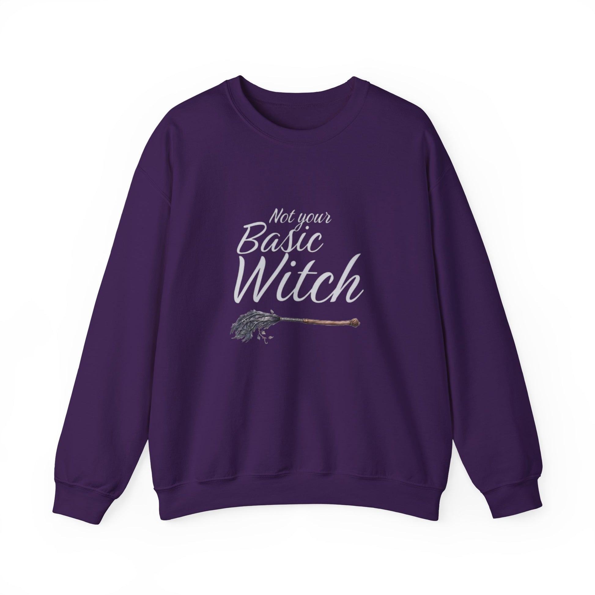 Purple sweatshirt with 'Not your Basic Witch' text and broom graphic on a white background