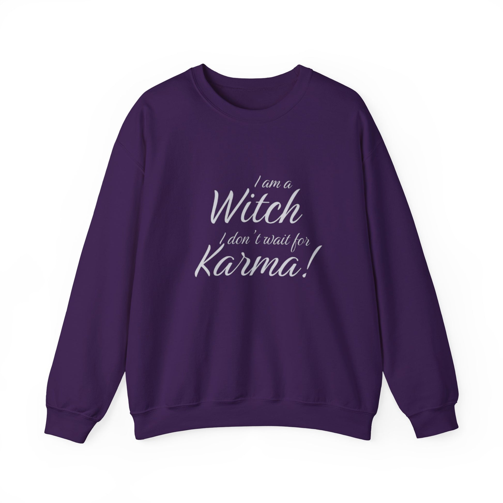 Purple sweatshirt with white text on a white background