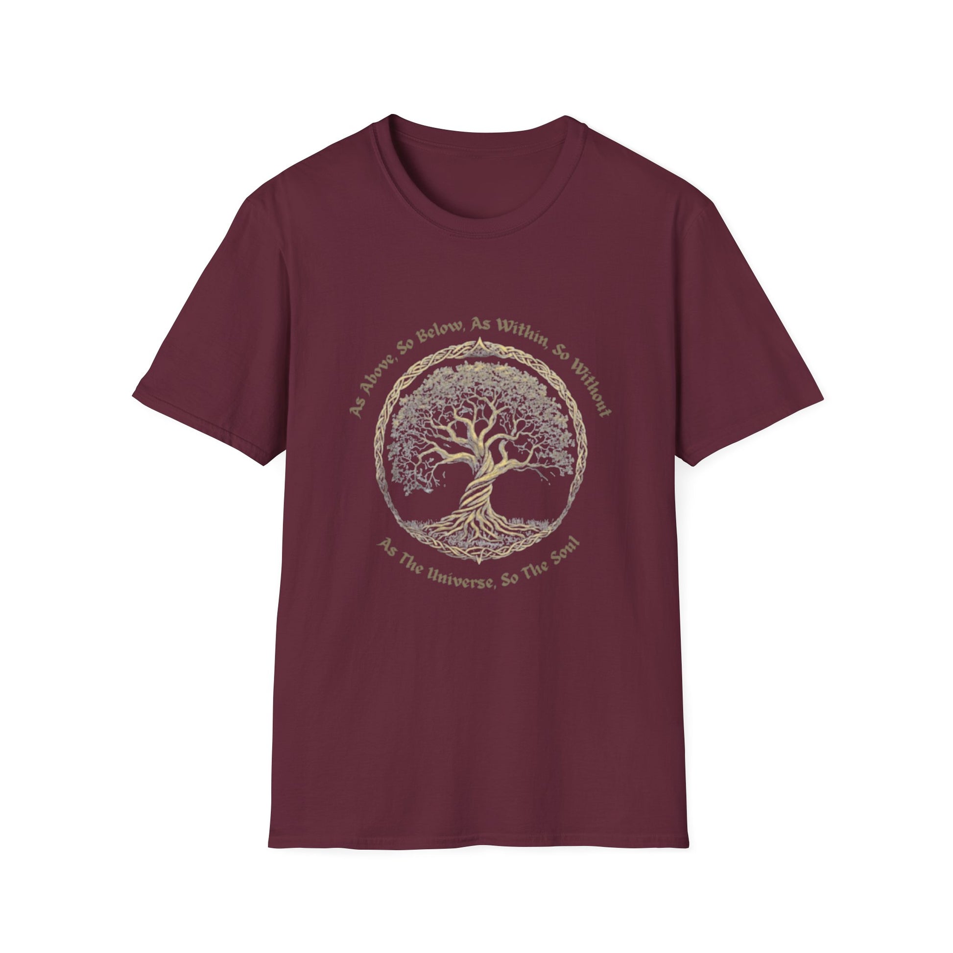 As Above, So Below, As Within, So Without T-Shirt with tree of life spiritual design on maroon background