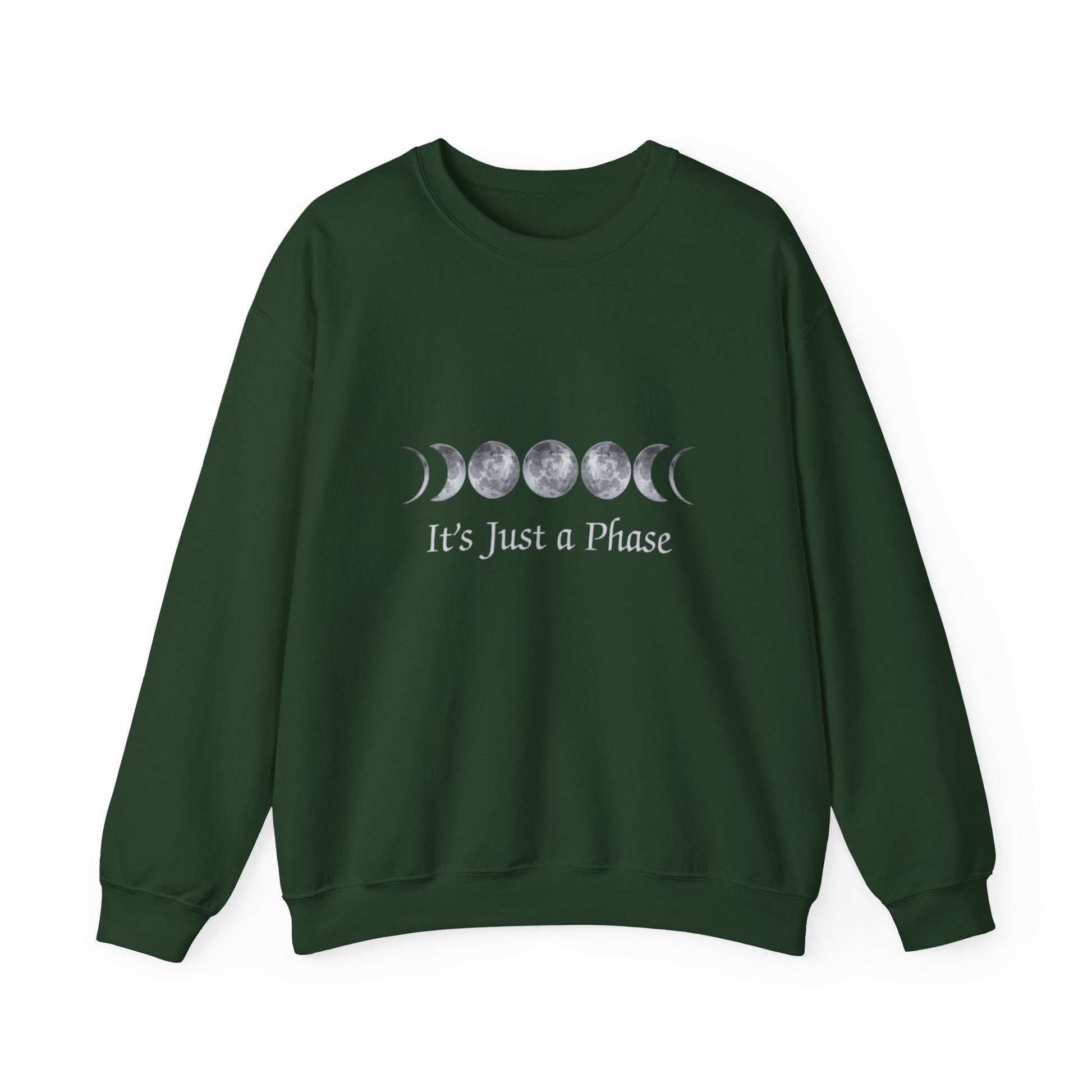 Green sweatshirt with moon phase design and text on a white background