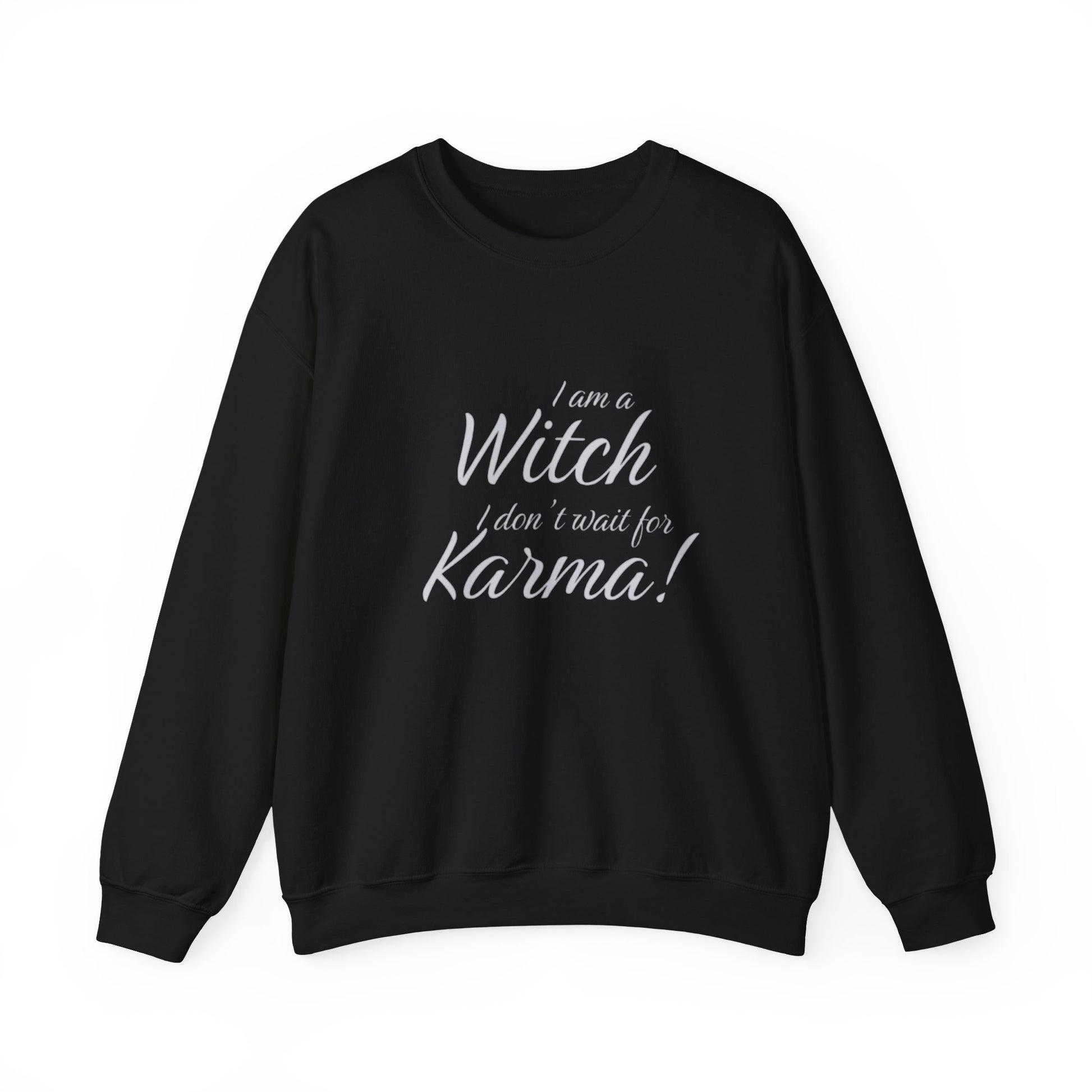 Black sweatshirt with white text on a white background