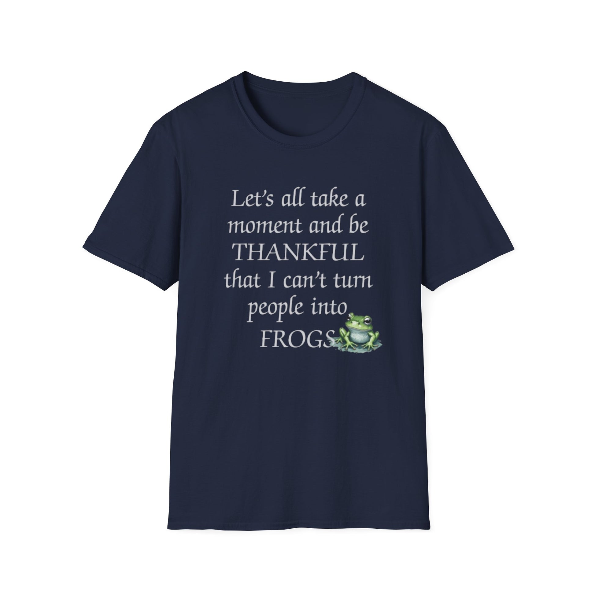 Navy blue t-shirt with humorous text and frog graphic on a white background