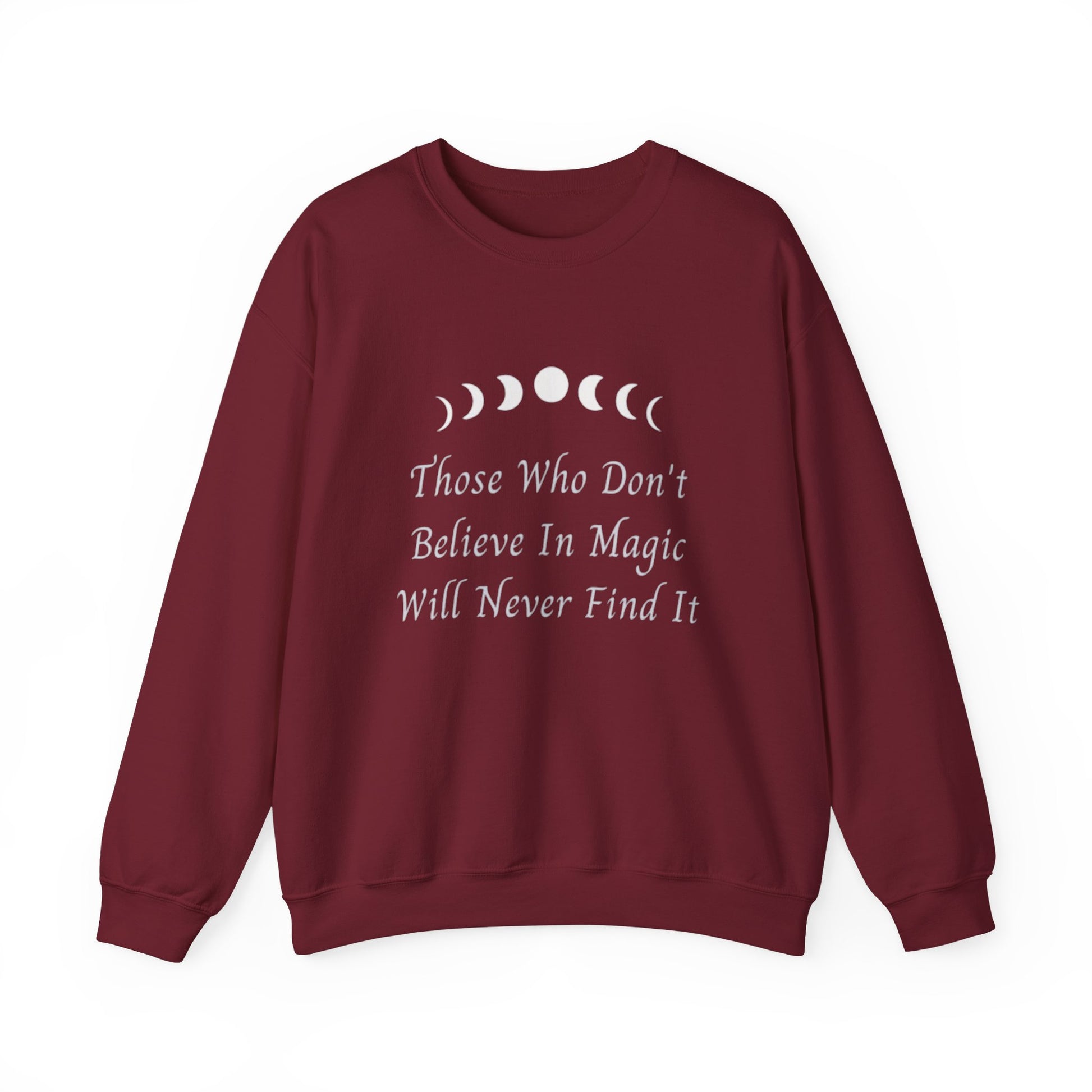 Maroon sweatshirt with white text and moon phases on a white background