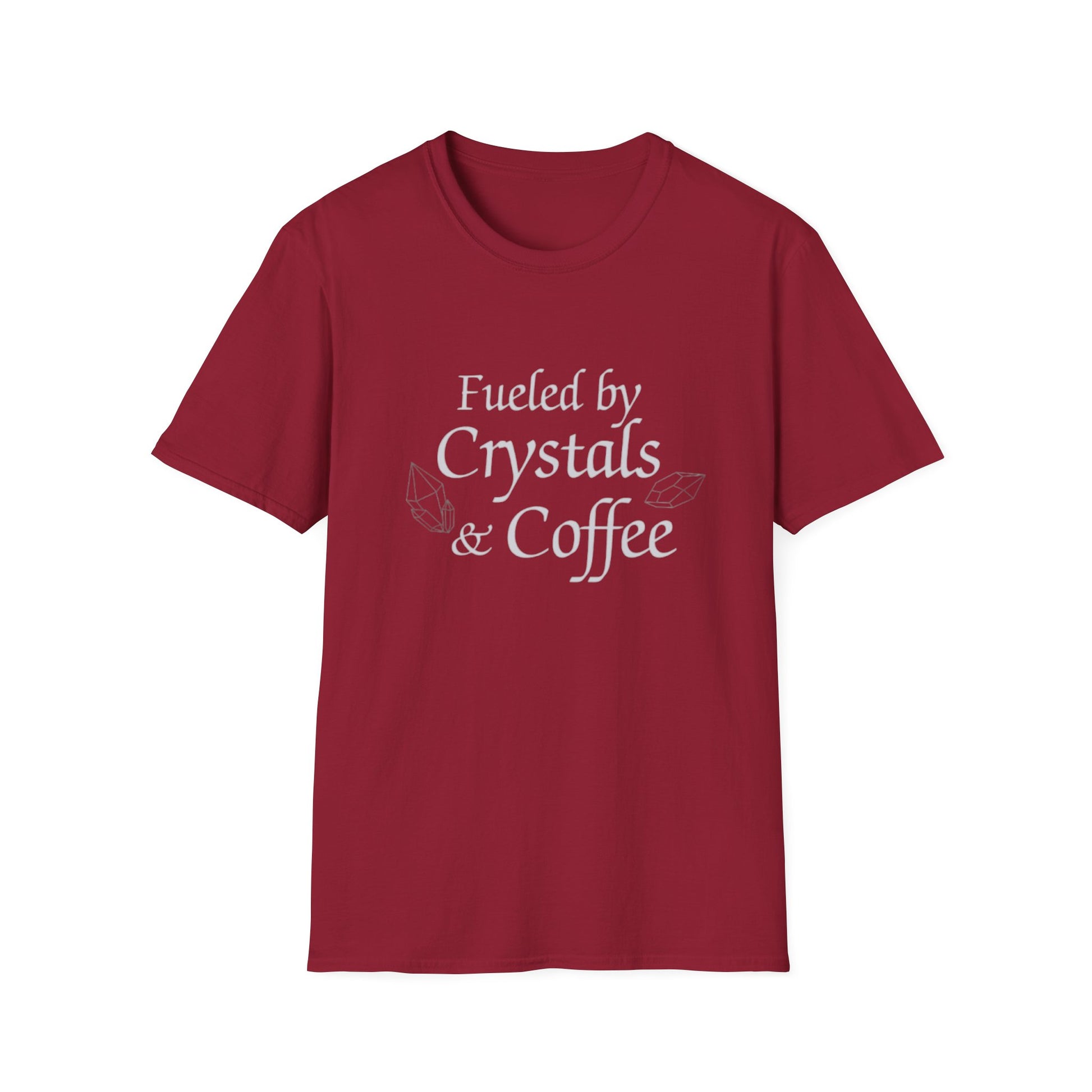 Red t-shirt with 'Fueled by Crystals & Coffee' text on a white background