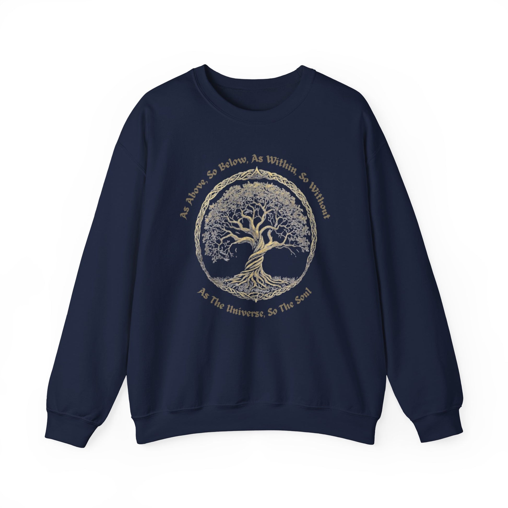 Navy blue sweatshirt with a tree design and text on a white background