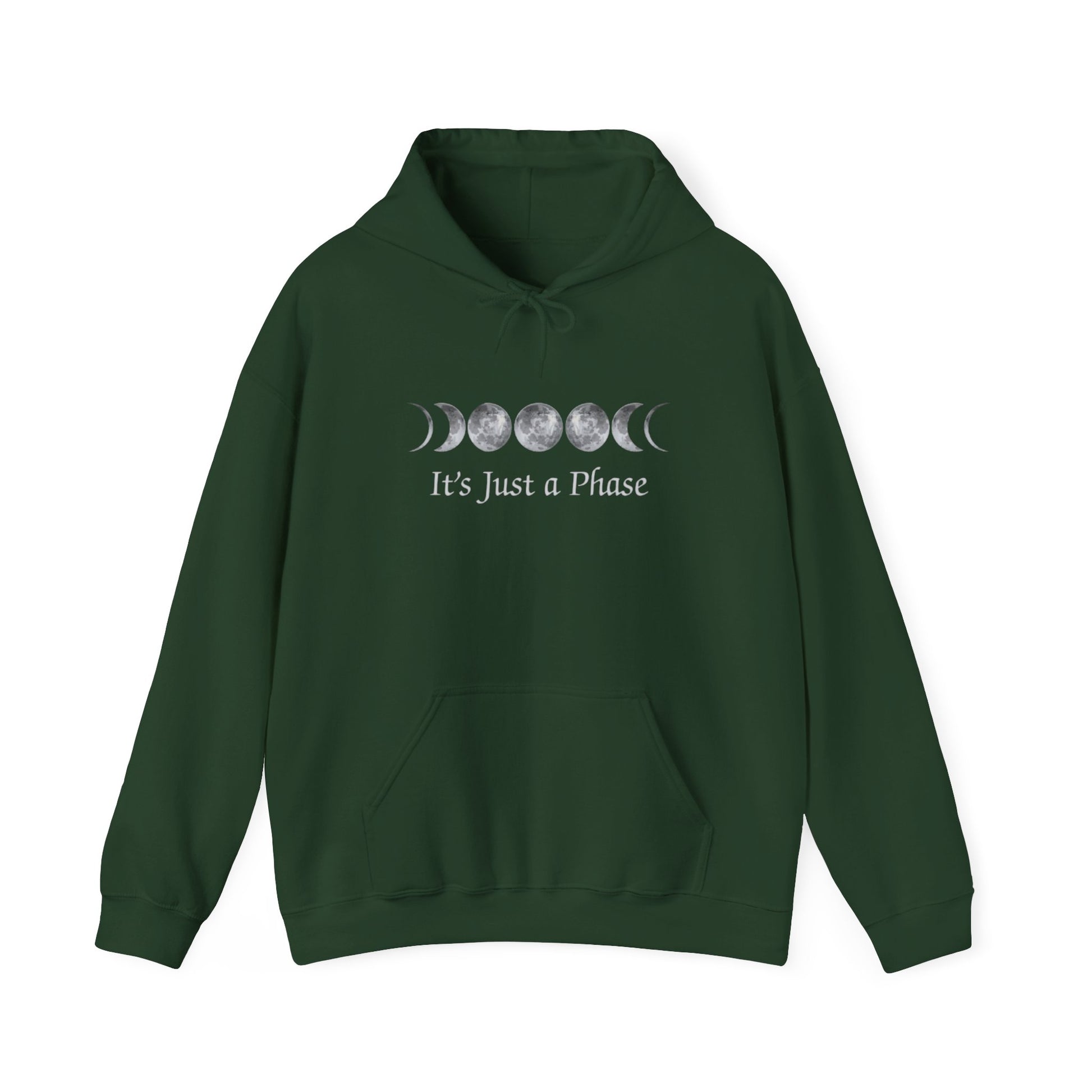 Green hoodie with moon phase design and text on a white background