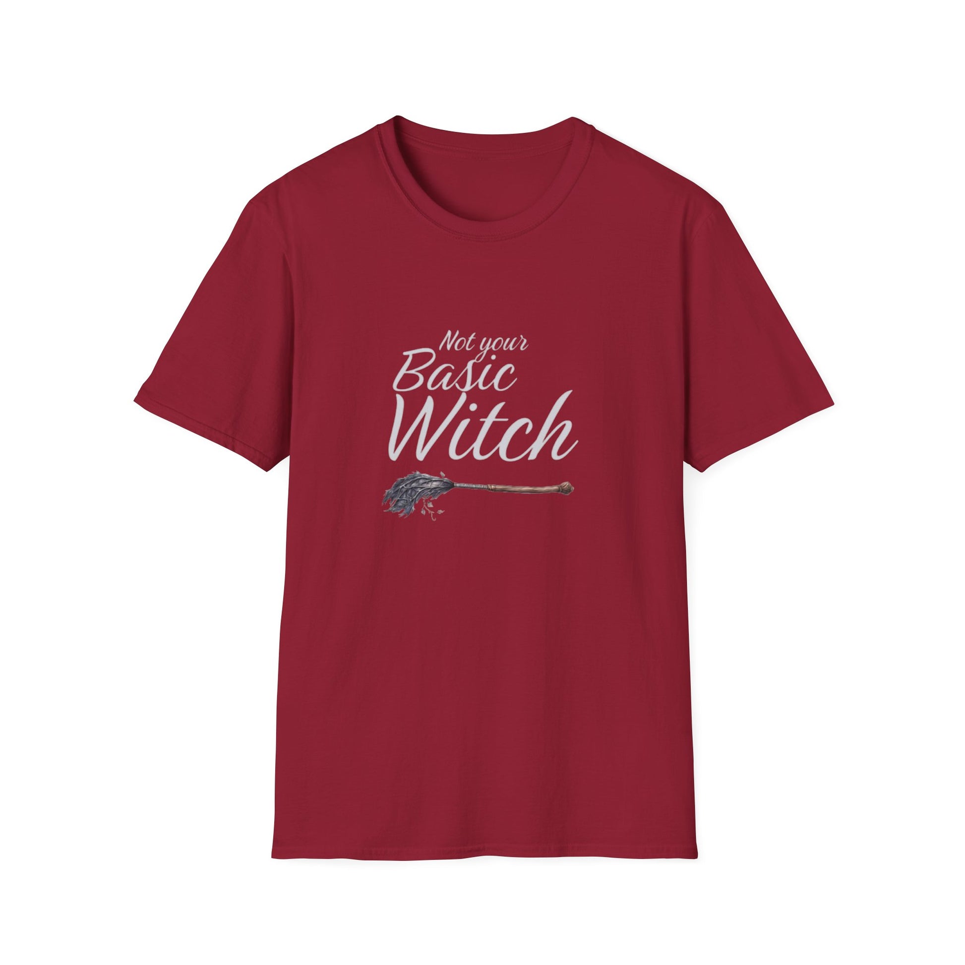 Red t-shirt with 'Not your Basic Witch' text and broom graphic on a white background