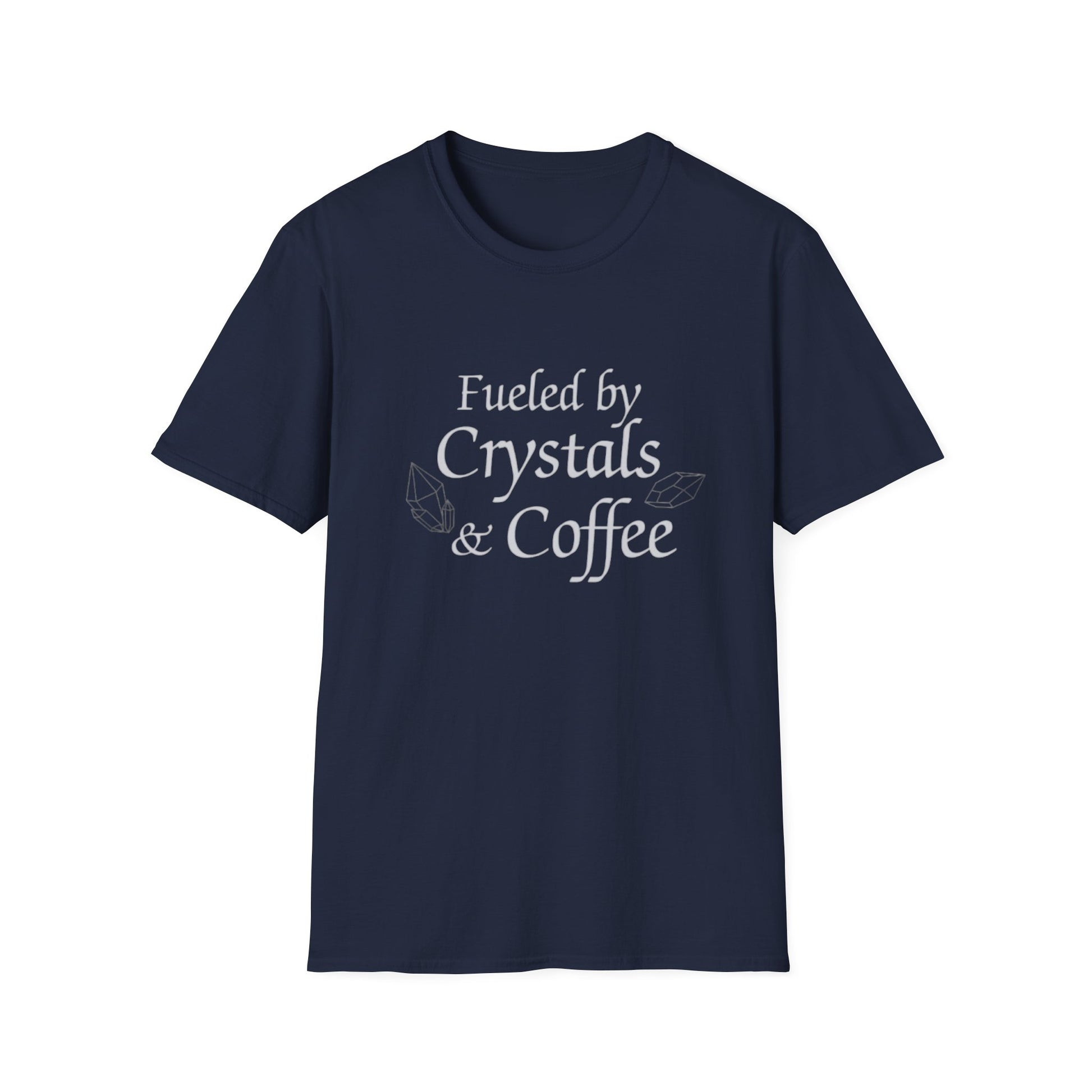 Fueled by Crystals & Coffee T-Shirt in navy with white text and crystal illustrations for modern mystic vibes.