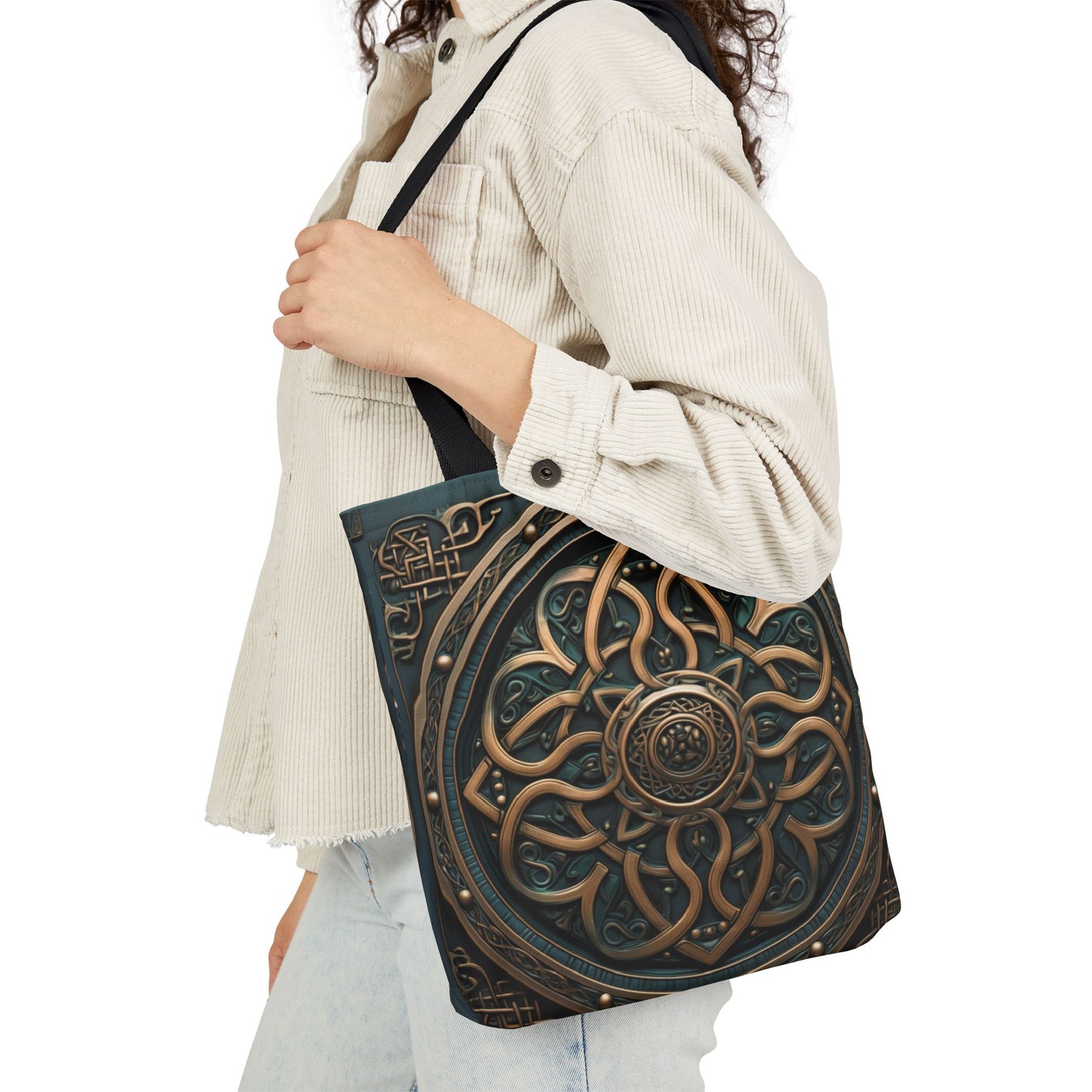 Celtic Shield Knot Turquoise and Bronze Tote Bag with intricate shield knot design worn by a person in casual outfit.