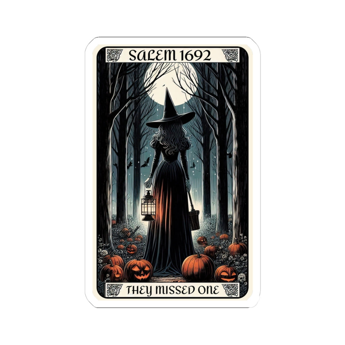 Card featuring a witch in a forest with pumpkins and text 'Salem 1692 They Missed One'.