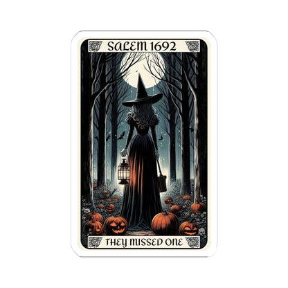 Card featuring a witch in a forest with pumpkins and text &