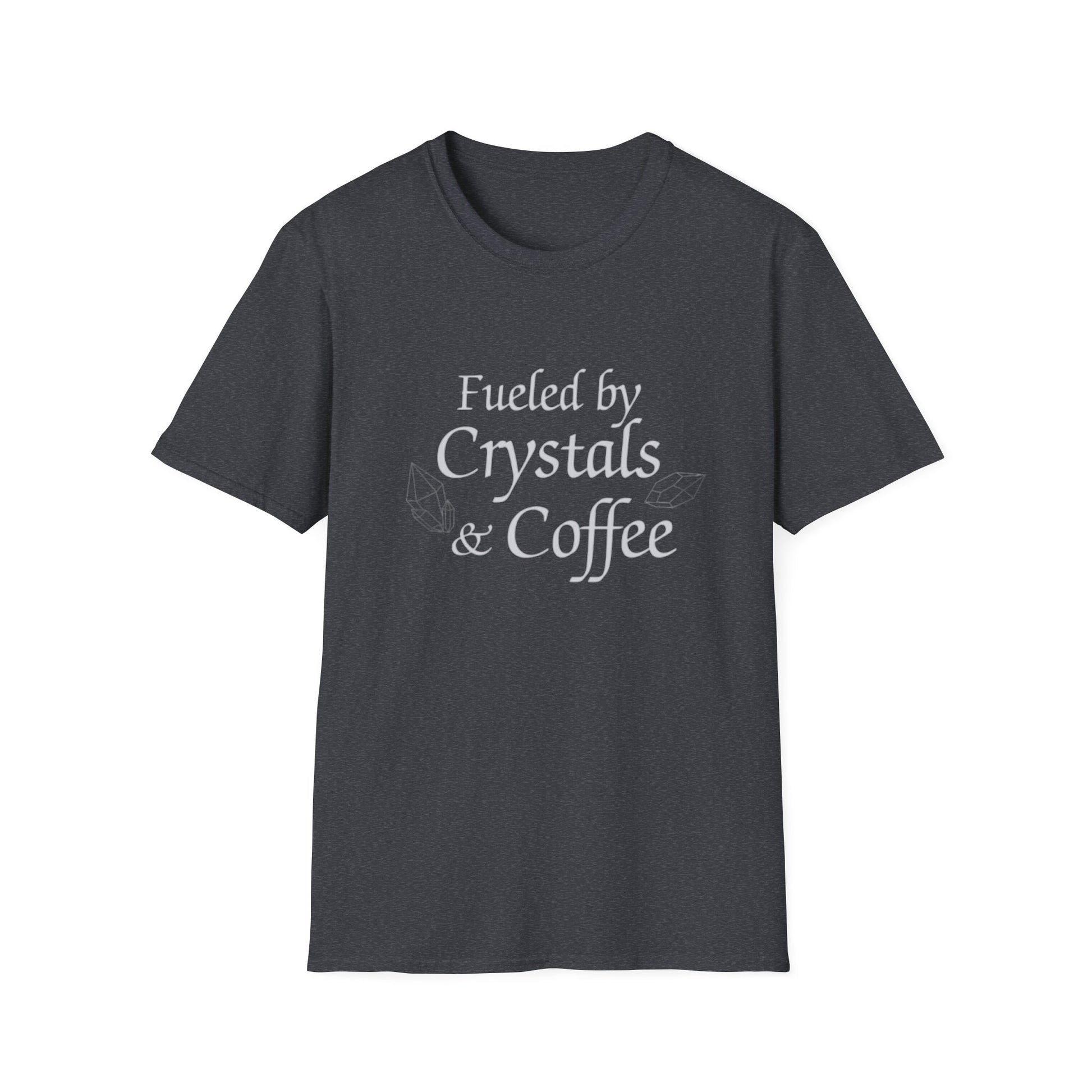 Dark gray Fueled by Crystals & Coffee T-Shirt with white text and subtle crystal and coffee cup design.