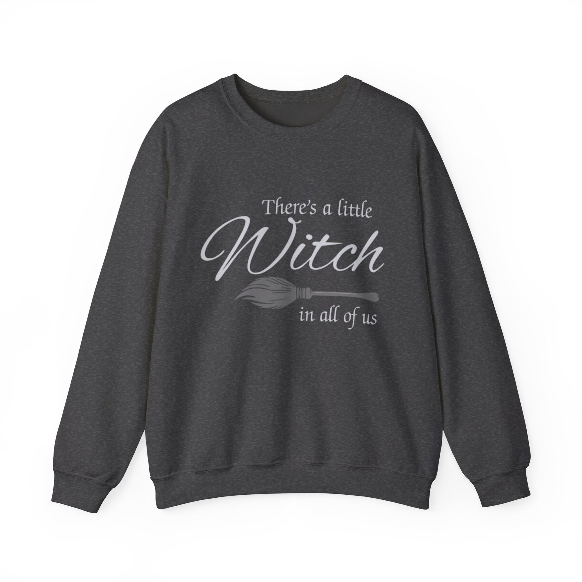 Dark gray sweatshirt with text and a broom graphic on a white background