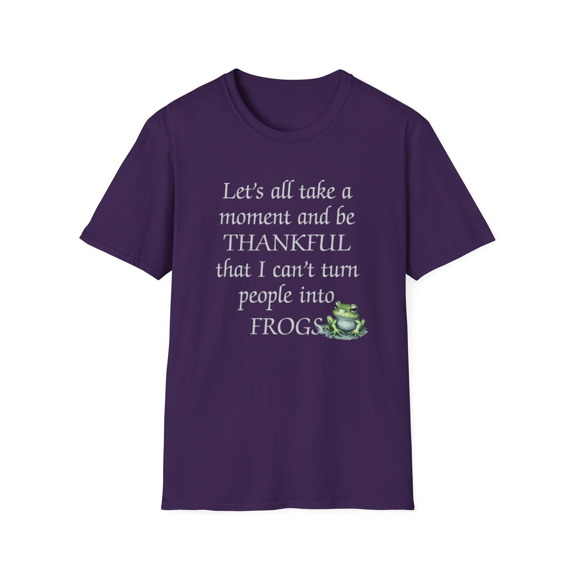 Purple t-shirt with humorous text and frog graphic on a white background