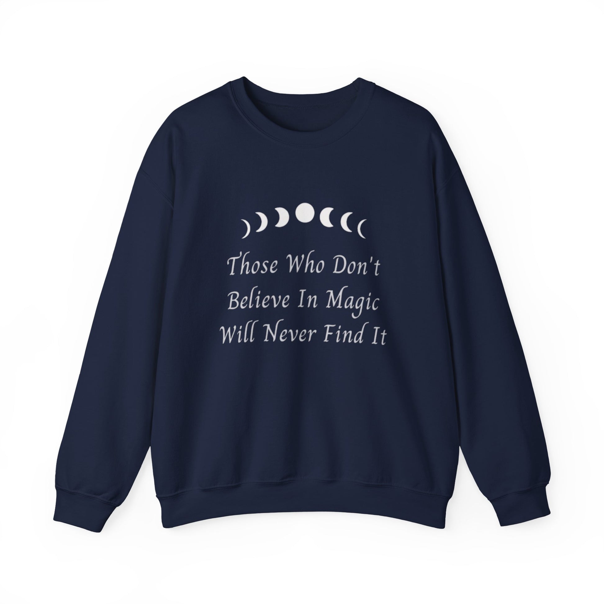 Navy blue sweatshirt with white text and moon phases on a white background