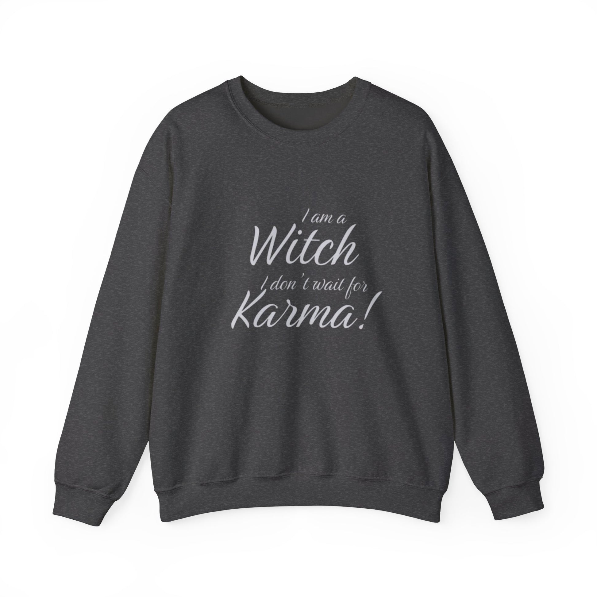 Dark gray sweatshirt with white text on a white background