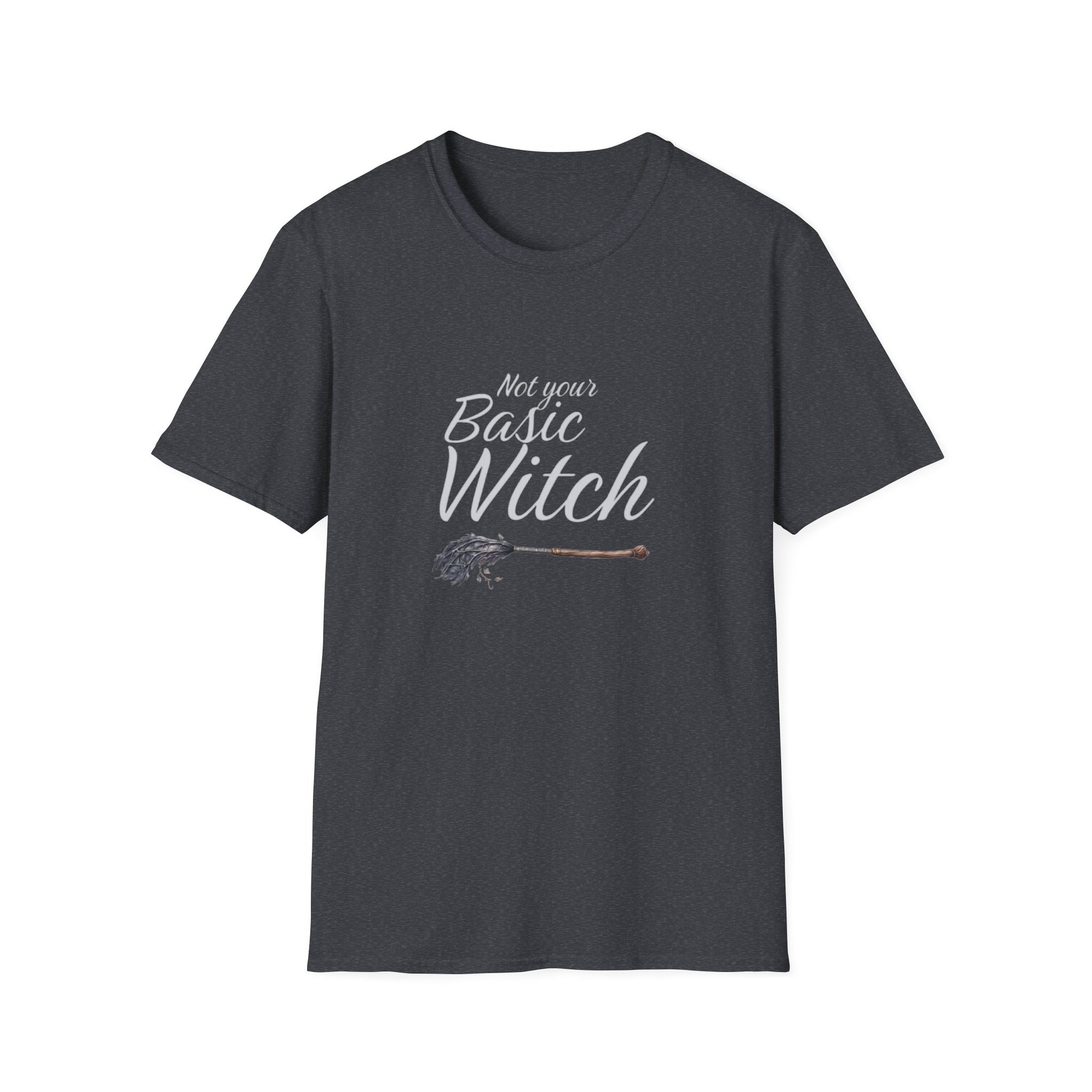 Dark gray t-shirt with 'Not your Basic Witch' text and broom graphic on a white background