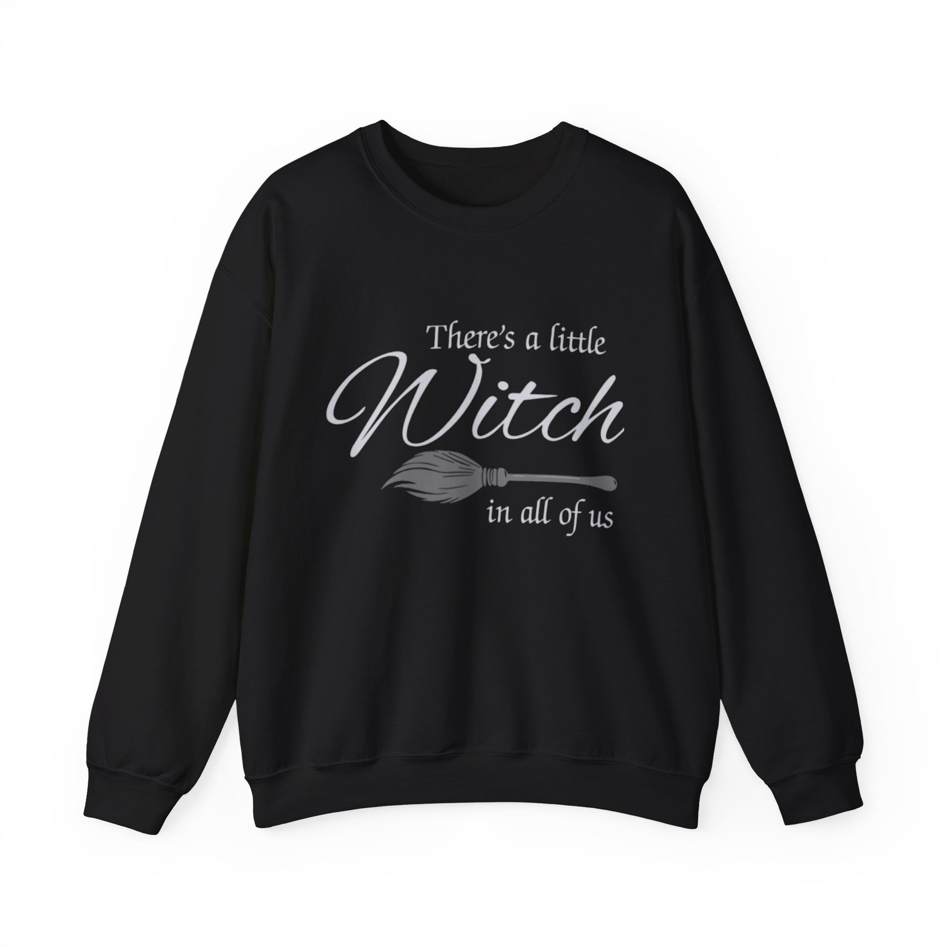 Black sweatshirt with white text and broom graphic on a white background