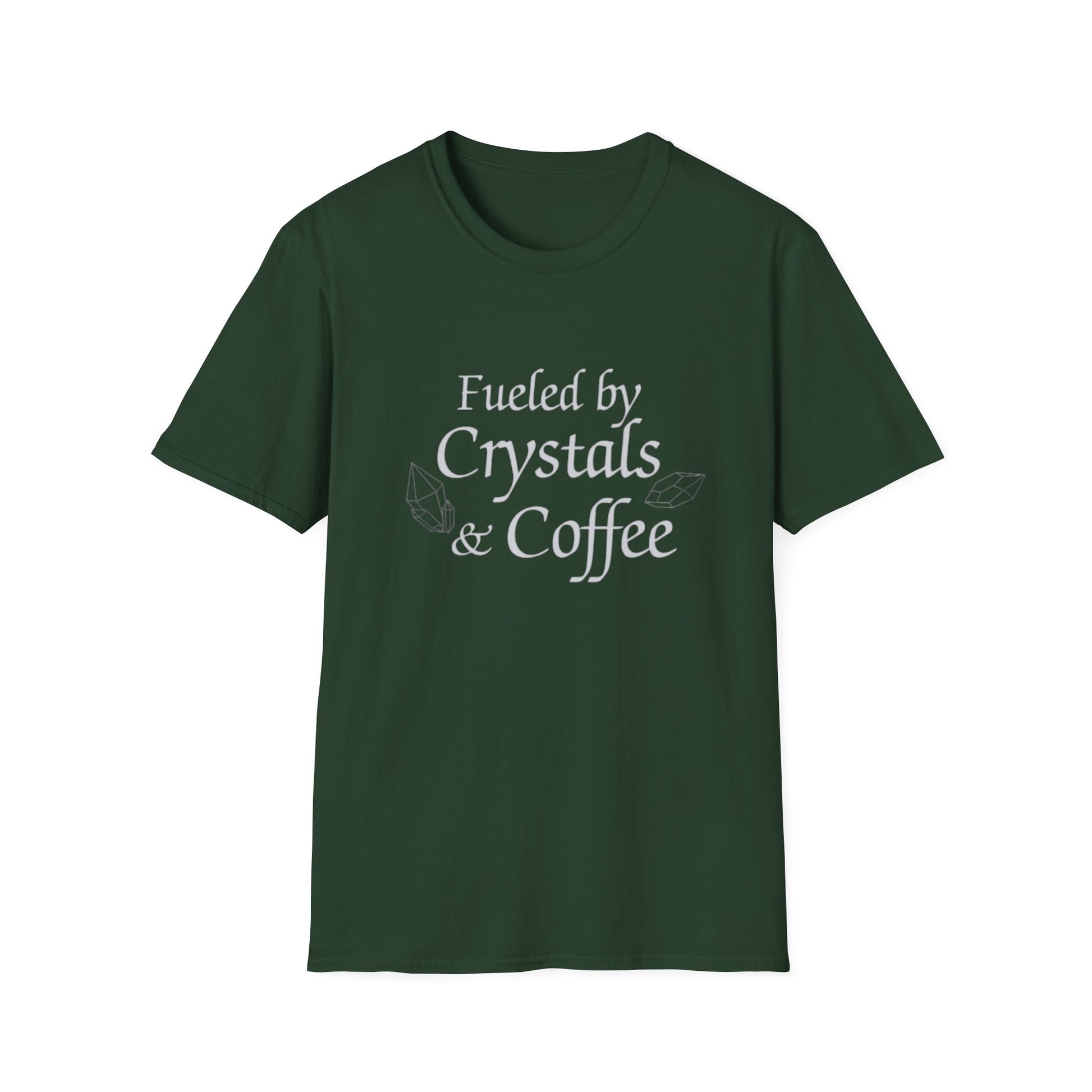 Fueled by Crystals & Coffee T-Shirt in dark green with white text and leaf illustrations on front