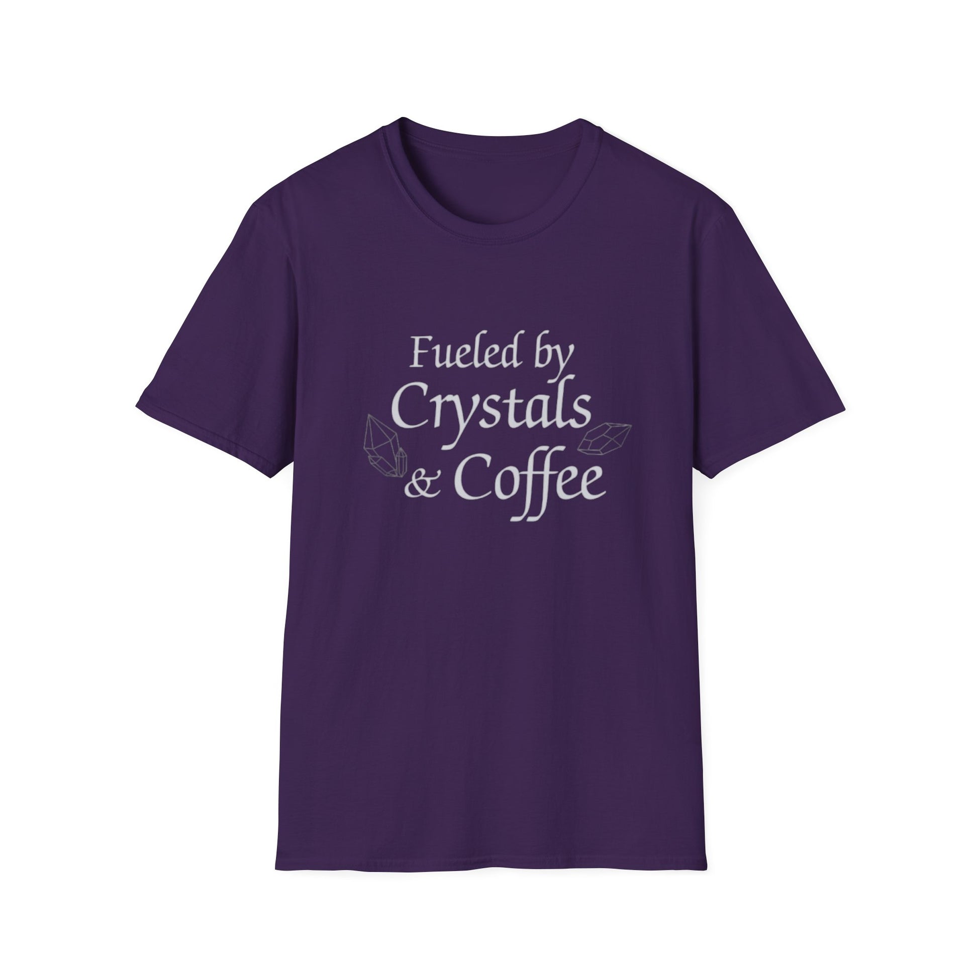 Fueled by Crystals & Coffee T-Shirt in purple with white spiritual and coffee-themed text design on front.