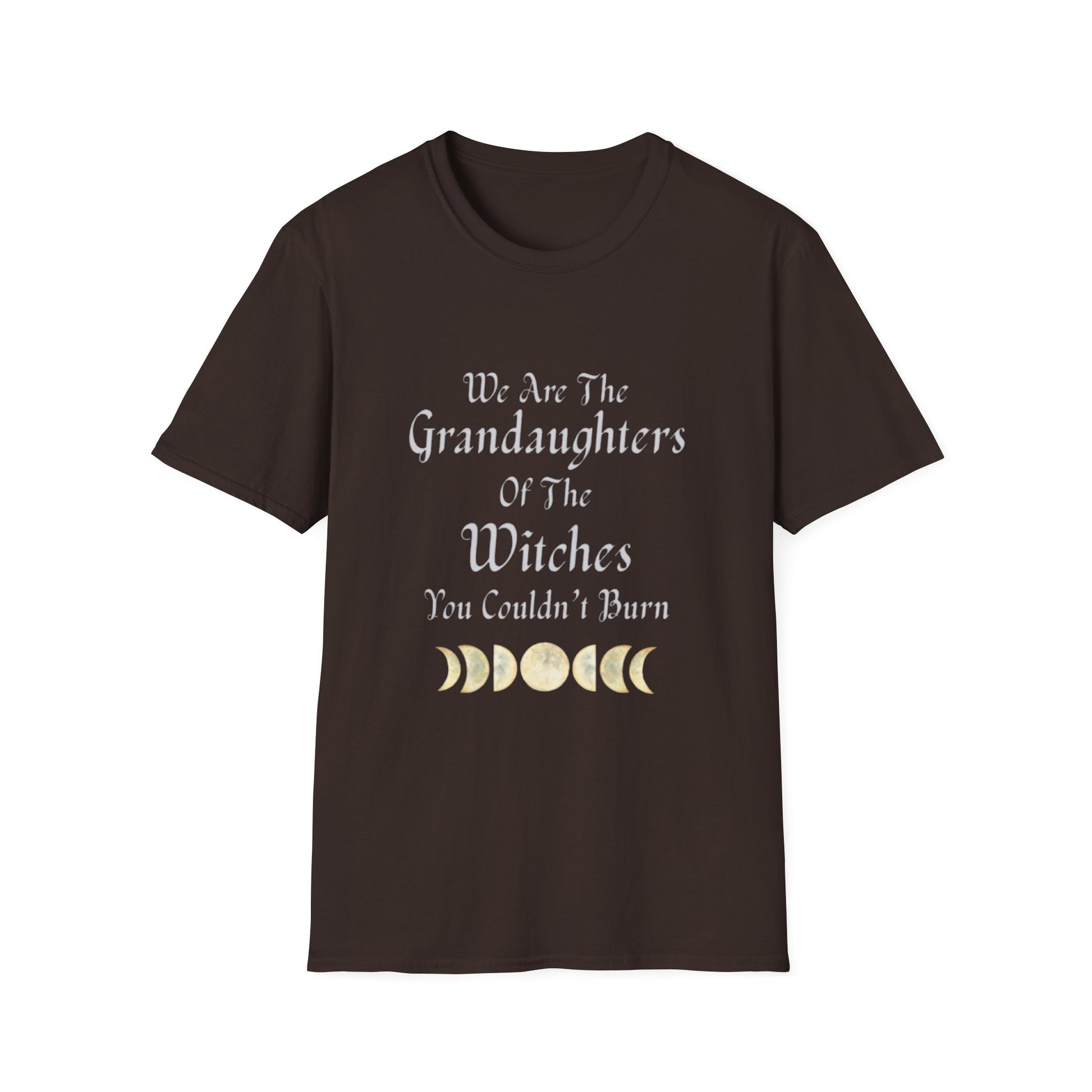 Brown t-shirt with text and moon phases on a white background