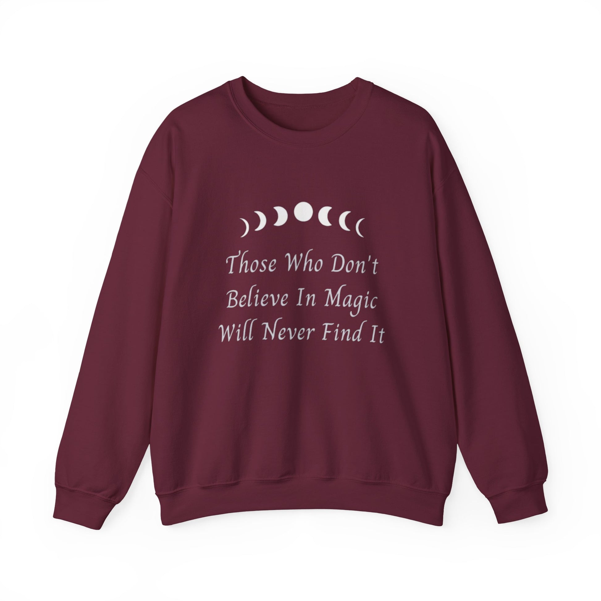 Maroon sweatshirt with white text and moon phases on a white background