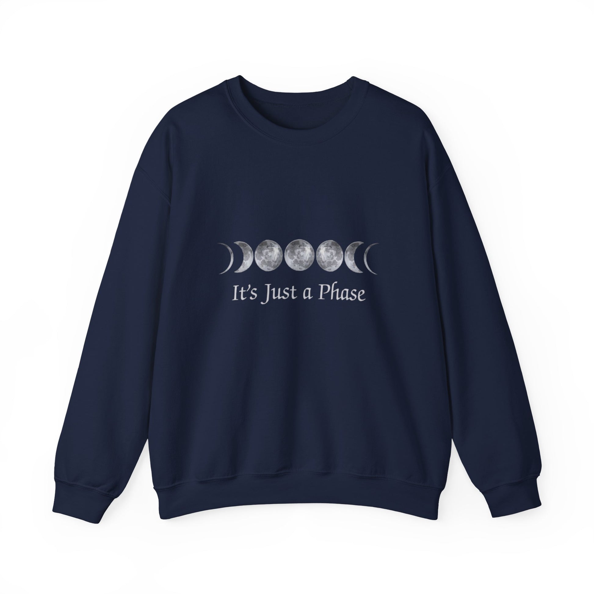 Navy blue sweatshirt with moon phase design and text 'It's Just a Phase' on a white background