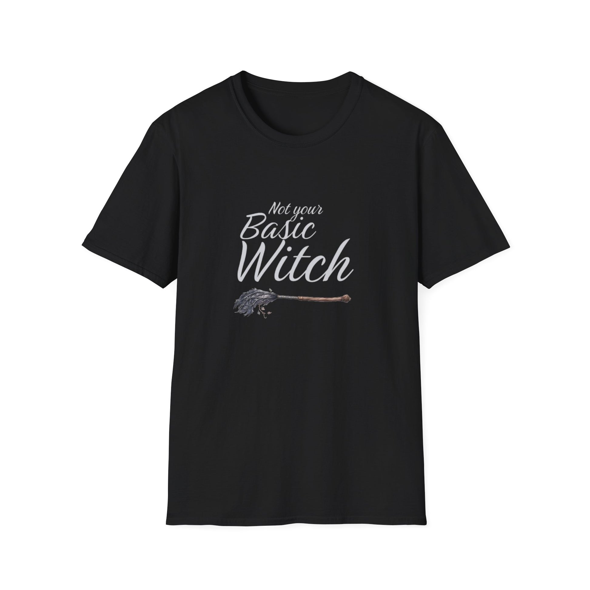 Black t-shirt with 'Not your Basic Witch' text and broom graphic on a white background