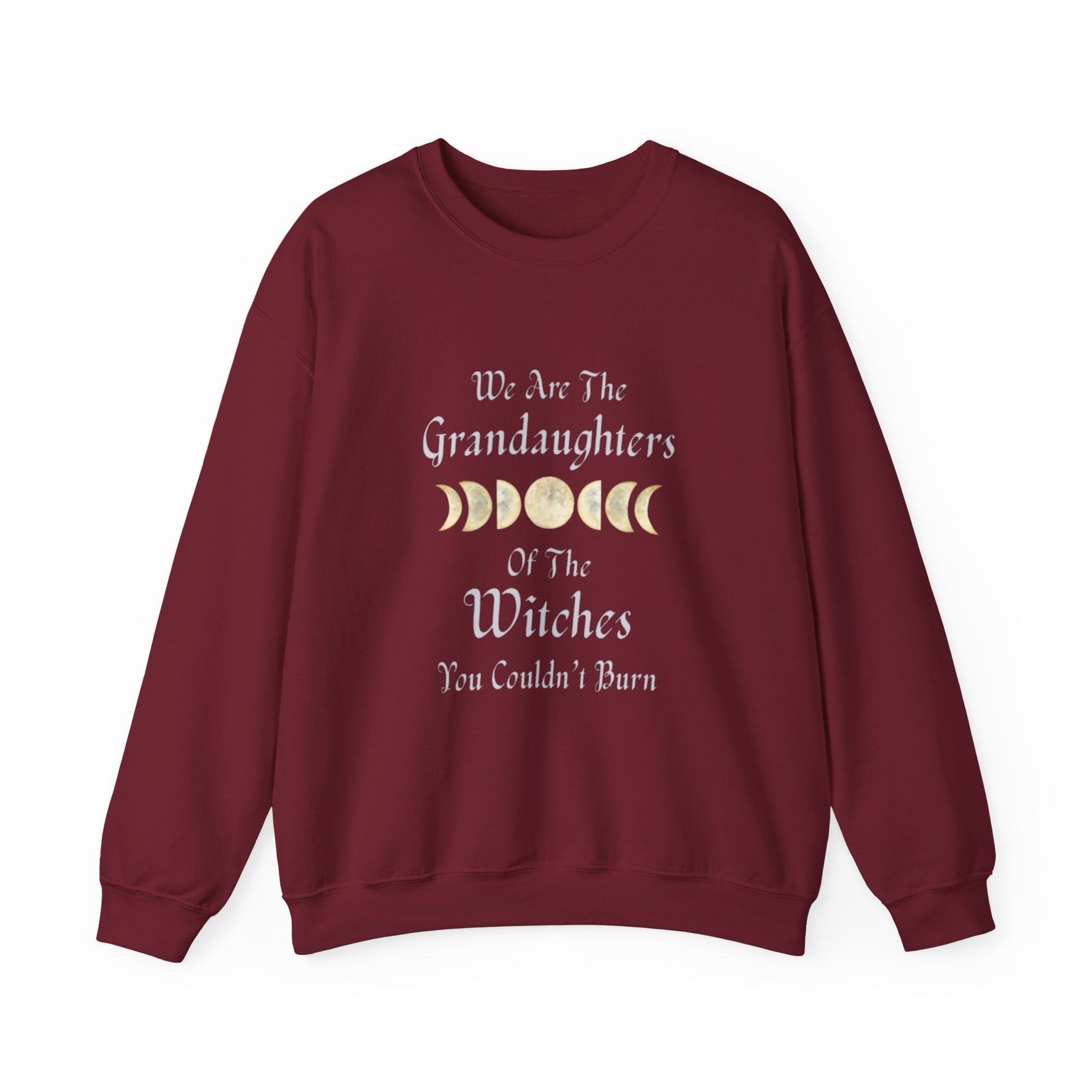 Maroon sweatshirt with text and moon phases on a white background