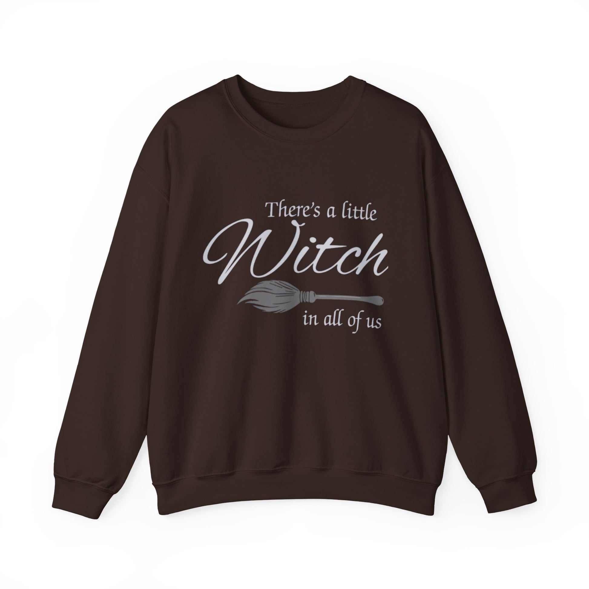 Brown sweatshirt with text and broom graphic on a white background