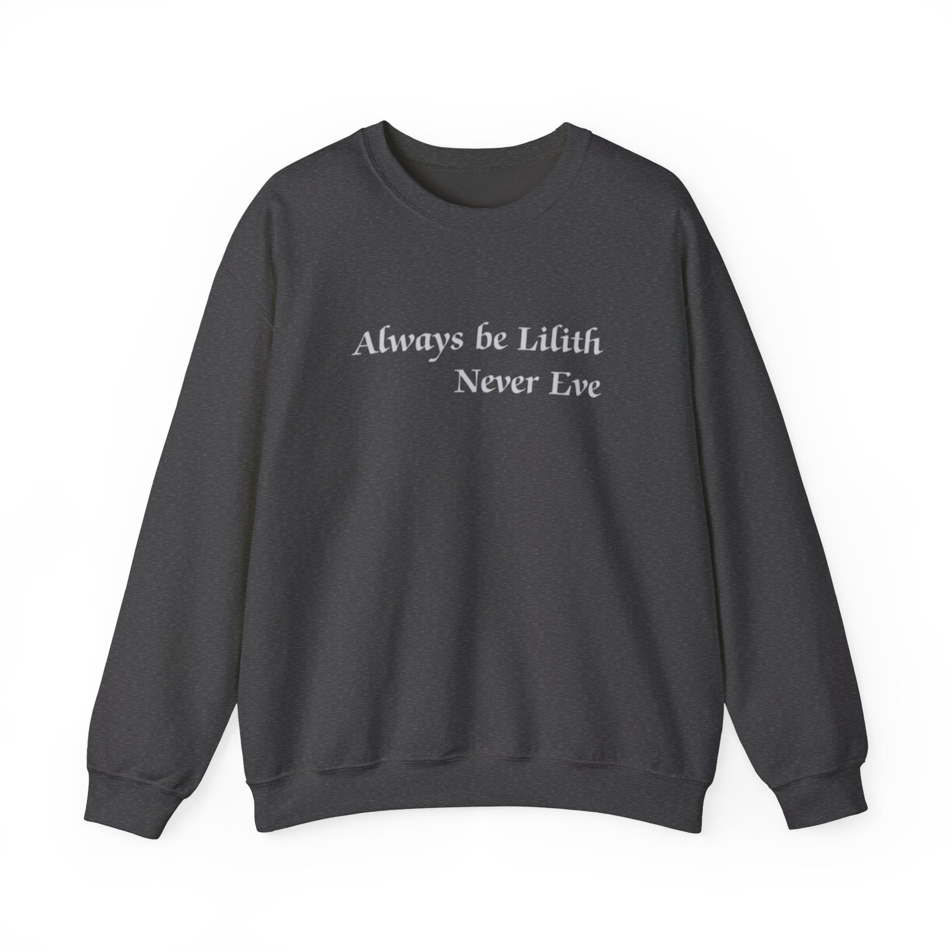 Dark gray sweatshirt with text on a white background