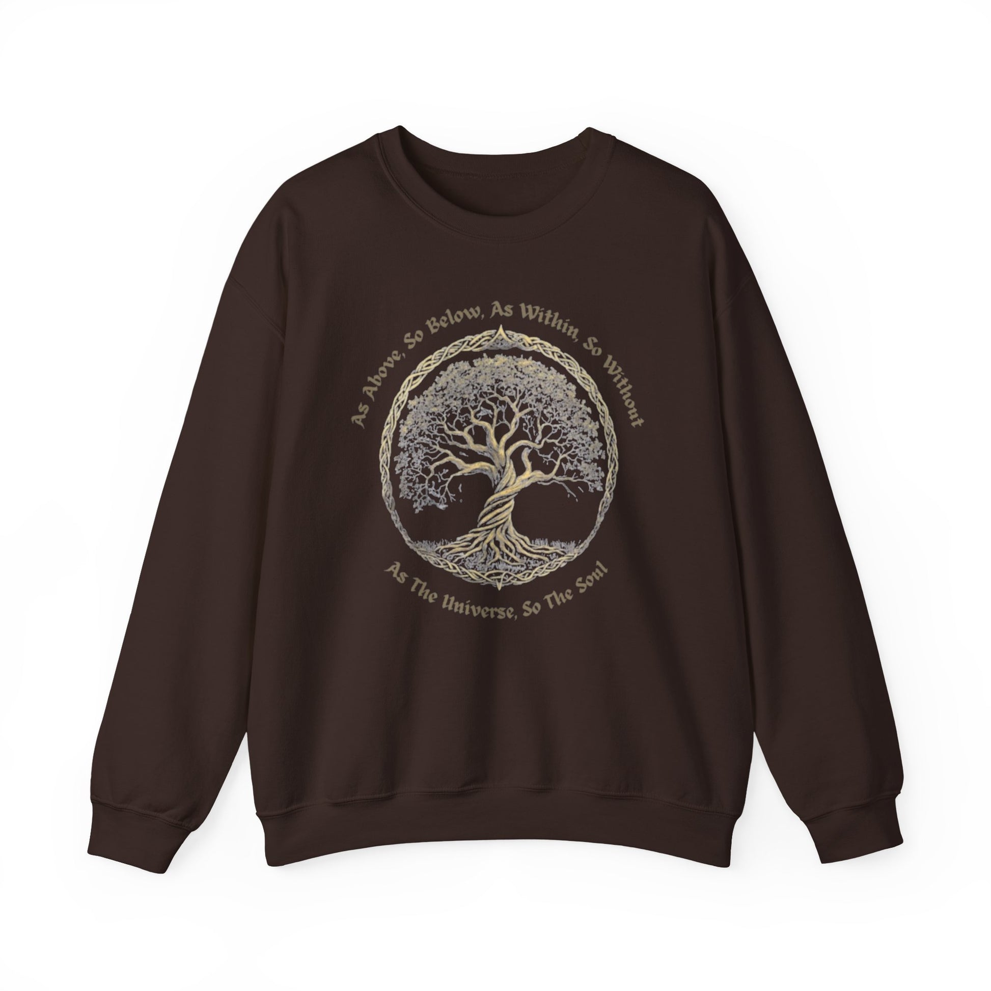 Brown sweatshirt with a tree design and text on a white background