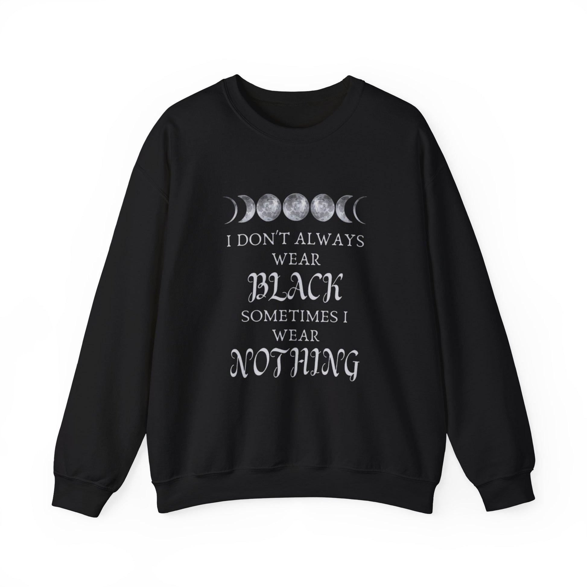 Black sweatshirt with white text and moon phases design on a white background