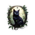 Black cat with green eyes in a decorative frame with leaves on a white background