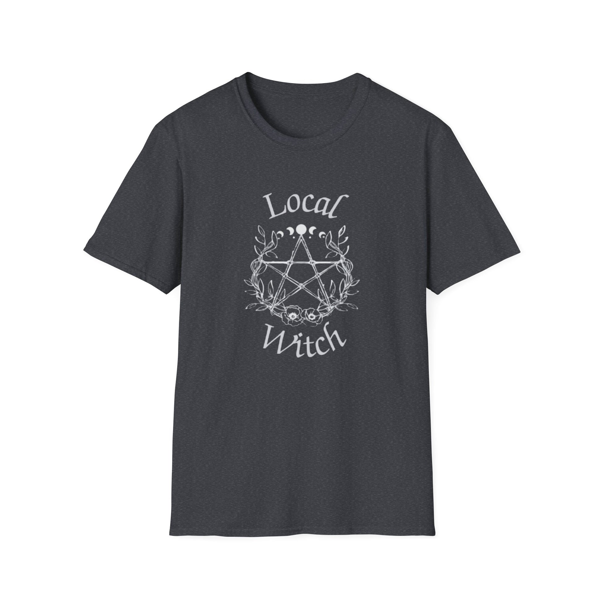 Dark gray t-shirt with 'Local Witch' design on a white background