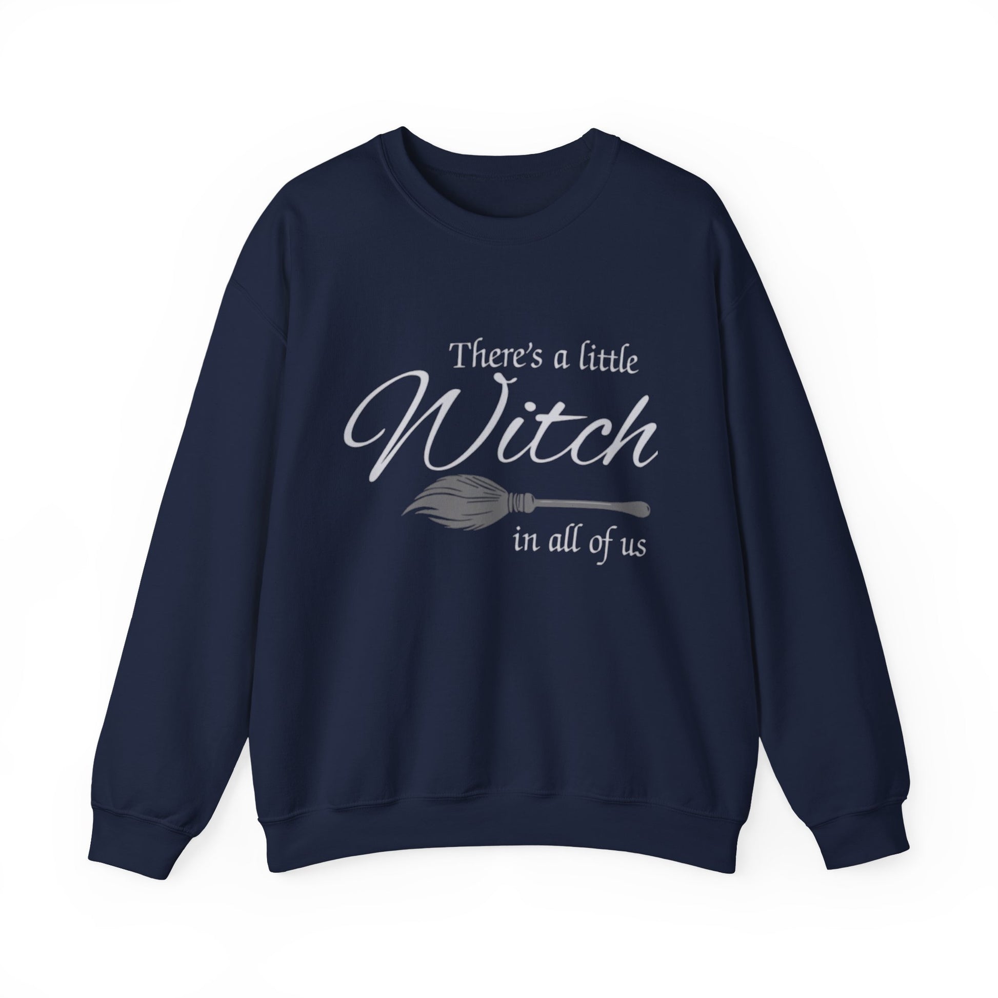 Navy blue sweatshirt with white text and broom graphic on a white background